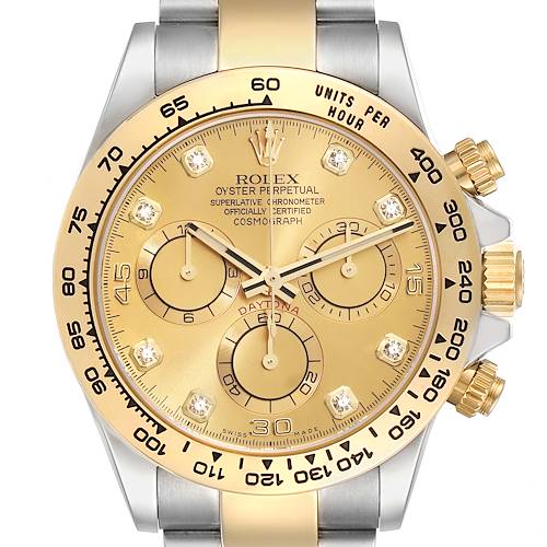 This image shows a frontal view of a Rolex Daytona watch, highlighting the dial, bezel, chronograph subdials, and bracelet.