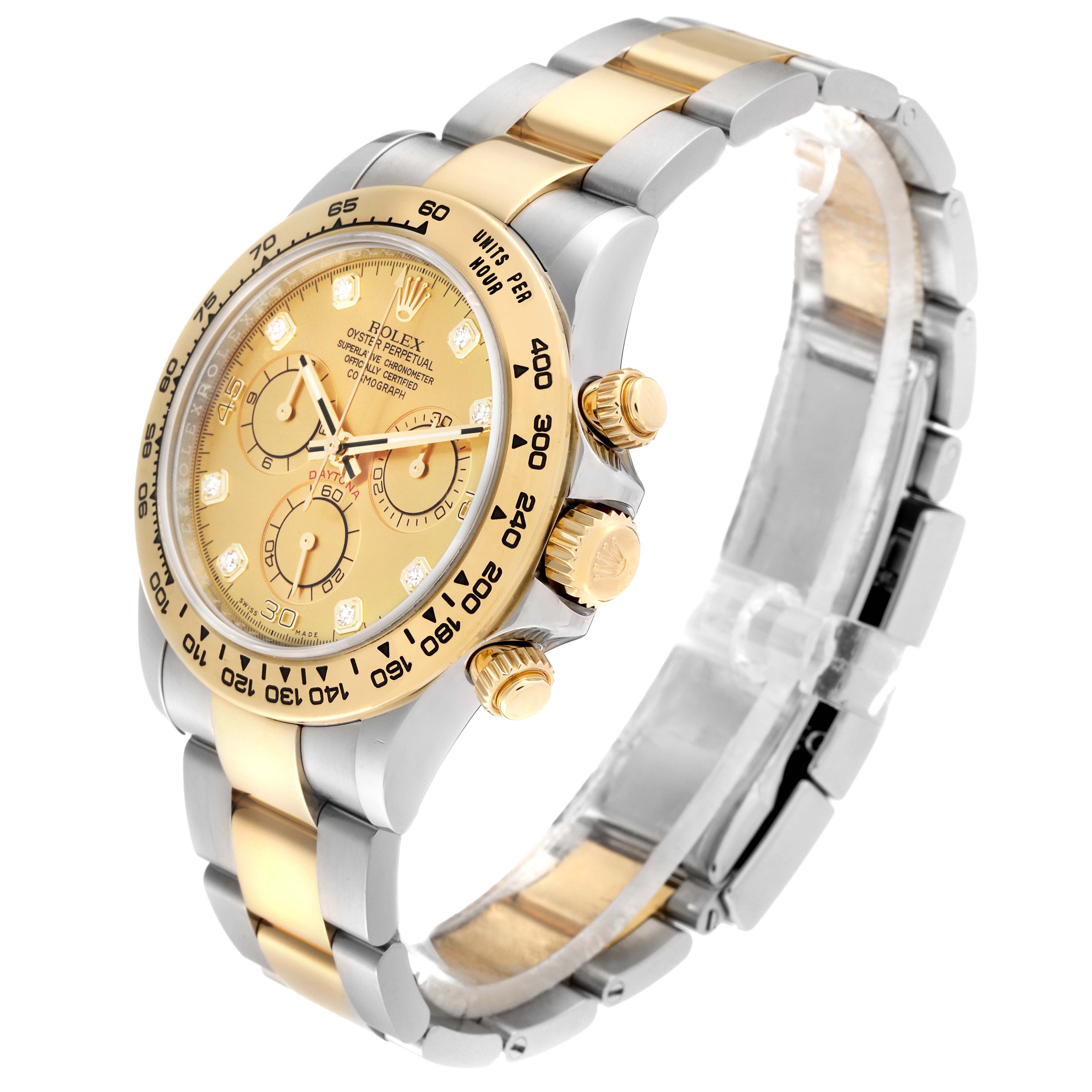This image shows a Rolex Daytona 116503 Men's Steel and Gold (two tone) Champagne Dial 116503 Men's Steel and Gold (two tone) Champagne Dial watch at a slightly angled front view, highlighting its gold bezel and chronograph dials.