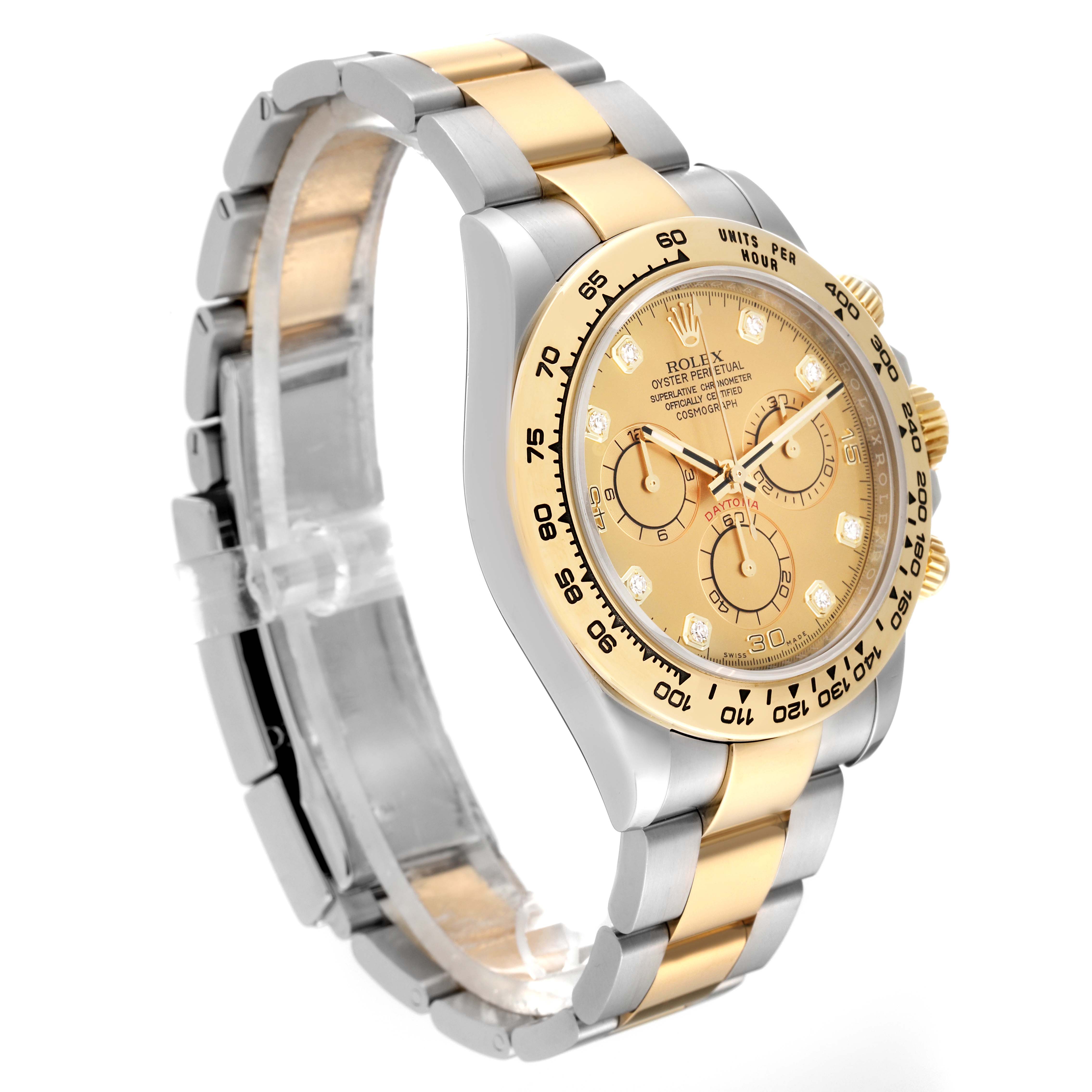 The Rolex Daytona 116503 Men's Steel and Gold (two tone) Champagne Dial 116503 Men's Steel and Gold (two tone) Champagne Dial model watch is shown from a side angle displaying its face, bracelet, and bezel.