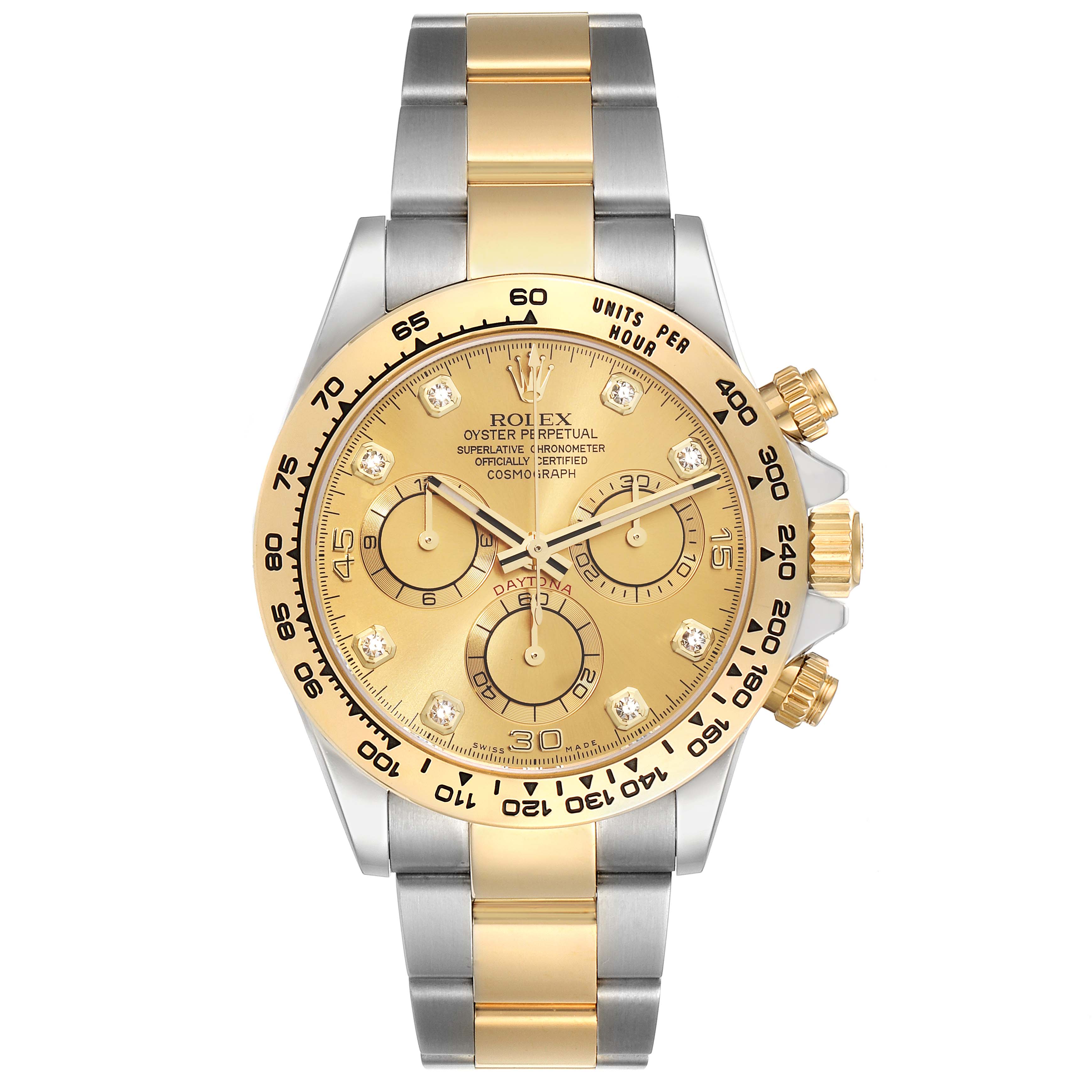 The image shows a full frontal view of a Rolex Daytona 116503 Men's Steel and Gold (two tone) Champagne Dial 116503 Men's Steel and Gold (two tone) Champagne Dial watch, highlighting its two-tone bracelet, dial, and chronograph subdials.