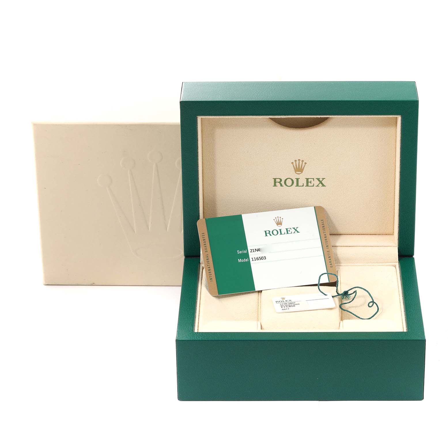 This image shows a Rolex Daytona 116503 Men's Steel and Gold (two tone) Champagne Dial 116503 Men's Steel and Gold (two tone) Champagne Dial model box, warranty card, and tags.