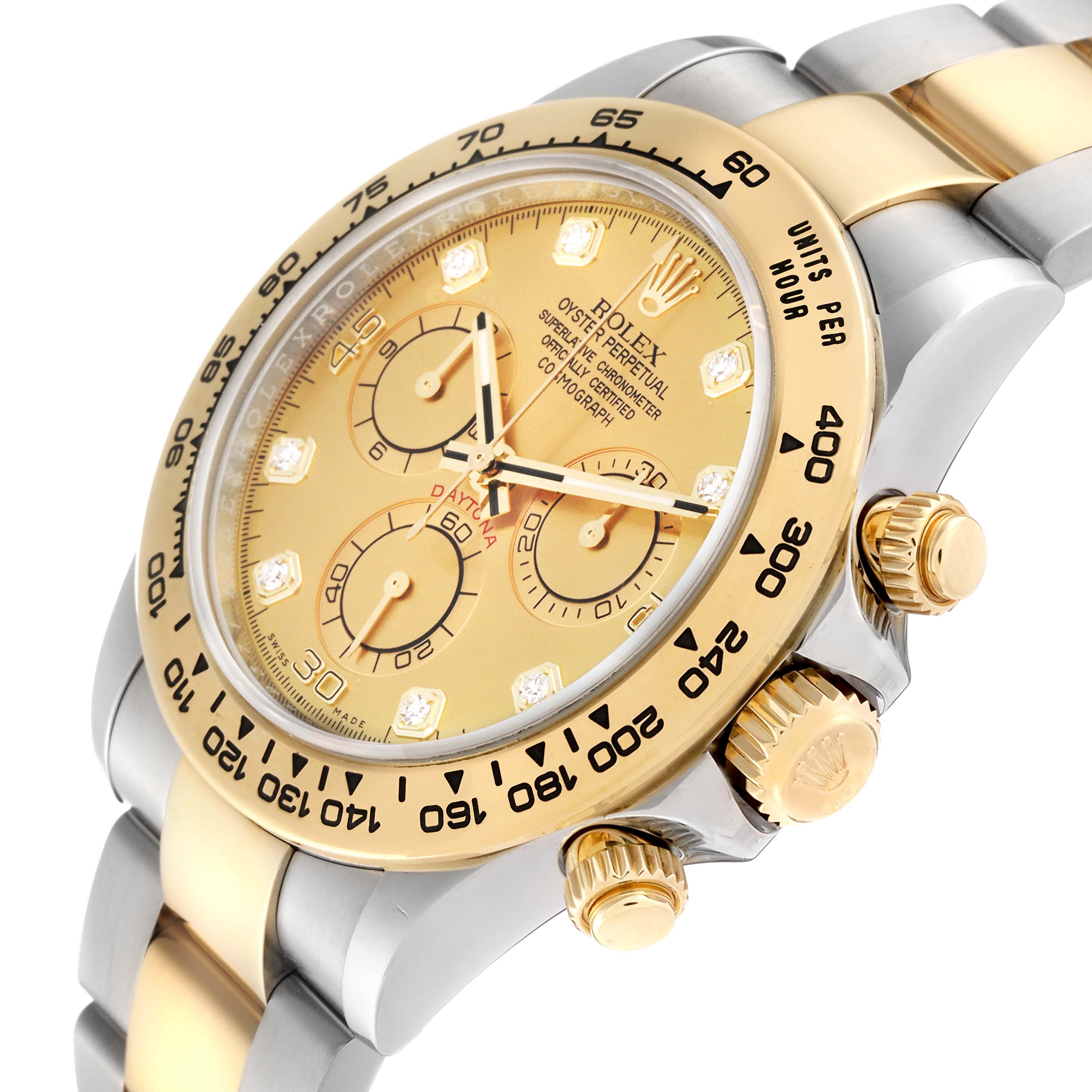 The image shows a close-up of the face, bezel, and part of the bracelet of the Rolex Daytona 116503 Men's Steel and Gold (two tone) Champagne Dial 116503 Men's Steel and Gold (two tone) Champagne Dial watch.