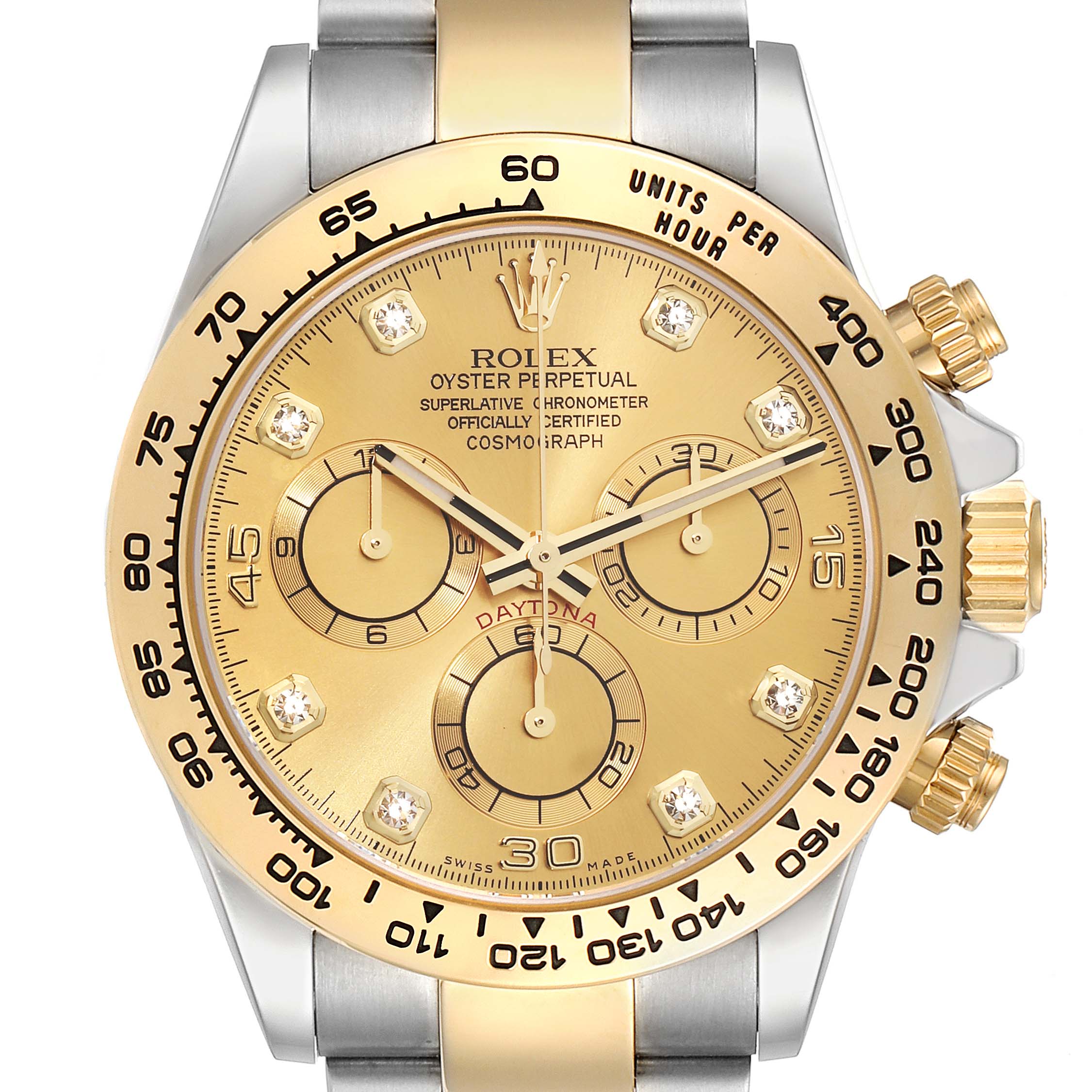 This image shows a Rolex Daytona 116503 Men's Steel and Gold (two tone) Champagne Dial 116503 Men's Steel and Gold (two tone) Champagne Dial watch face and dials at a front angle.