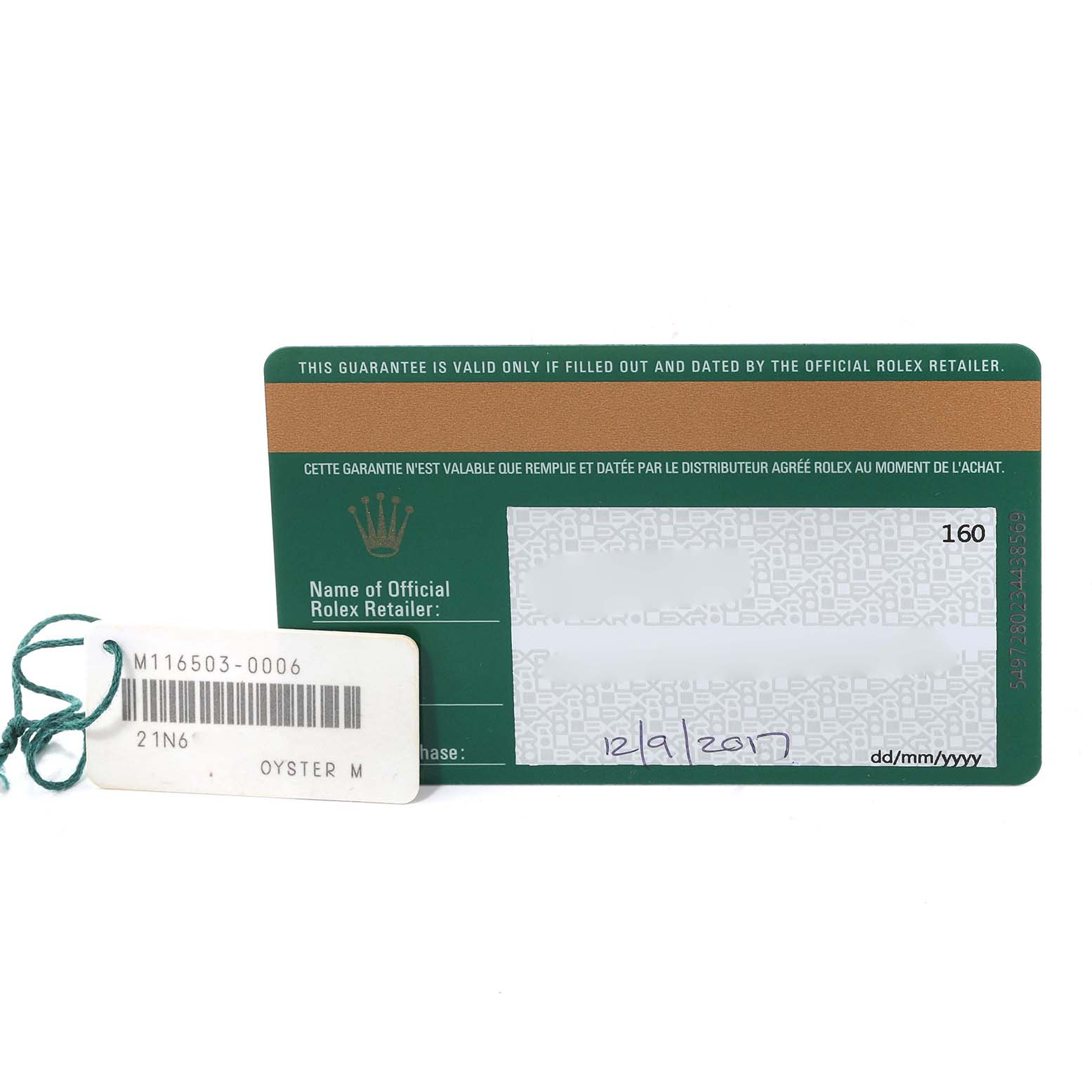 The image shows the guarantee card and tag for a Rolex Daytona 116503 Men's Steel and Gold (two tone) Champagne Dial 116503 Men's Steel and Gold (two tone) Champagne Dial watch, placed side by side.