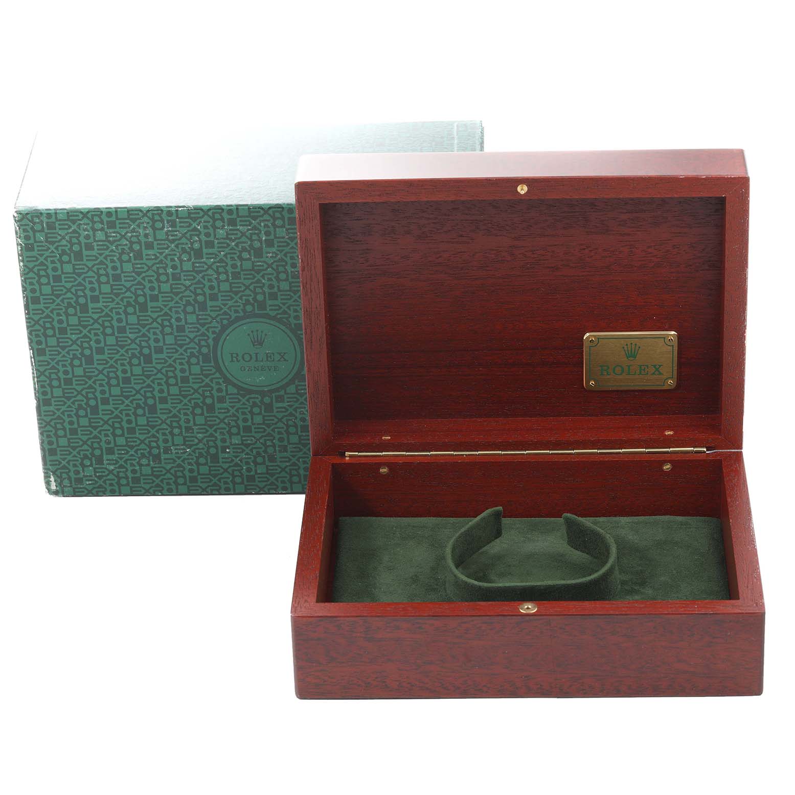 This image shows a velvet-lined wooden box and outer packaging for a Rolex Daytona 16523 Men
s Steel and Gold (two tone) Black Dial 16523 Men
s Steel and Gold (two tone) Black Dial watch at a front angle.