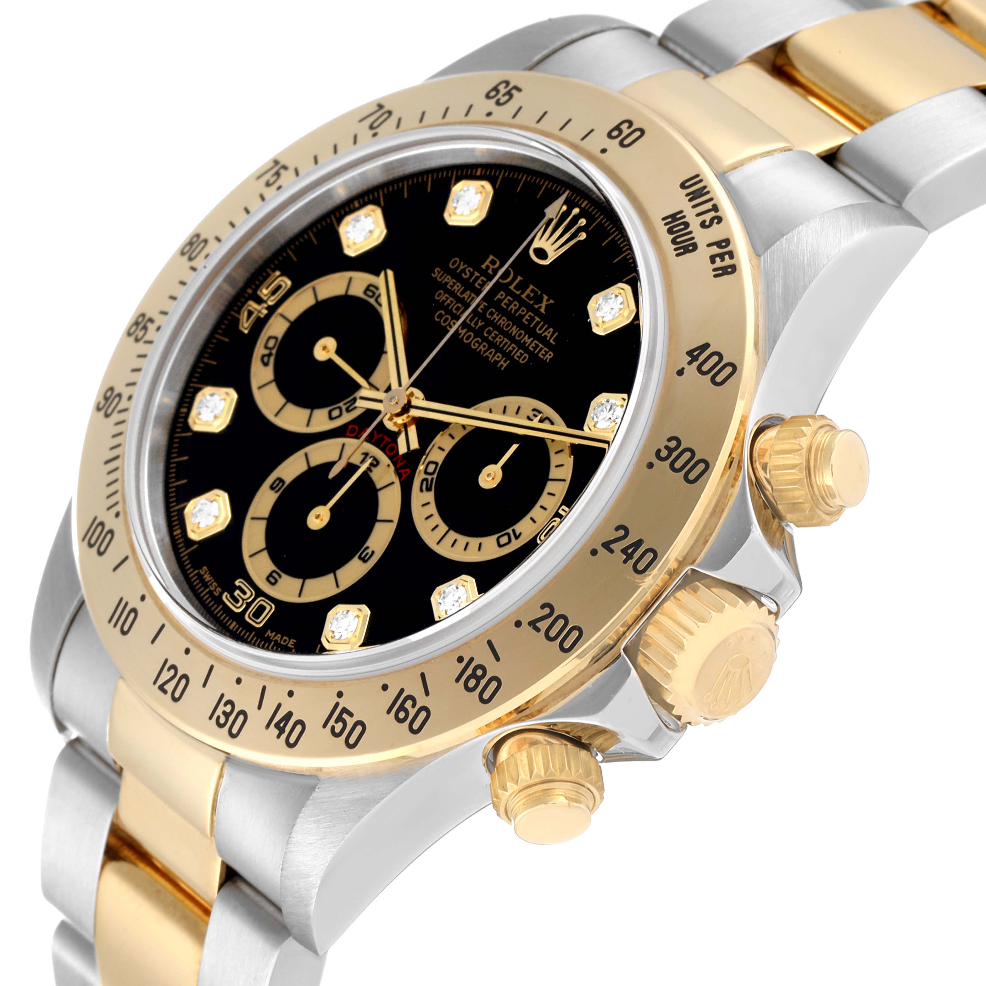 This image shows a close-up, angled view of the Rolex Daytona 16523 Men
s Steel and Gold (two tone) Black Dial 16523 Men
s Steel and Gold (two tone) Black Dial watch, highlighting the bezel, crown, and bracelet.