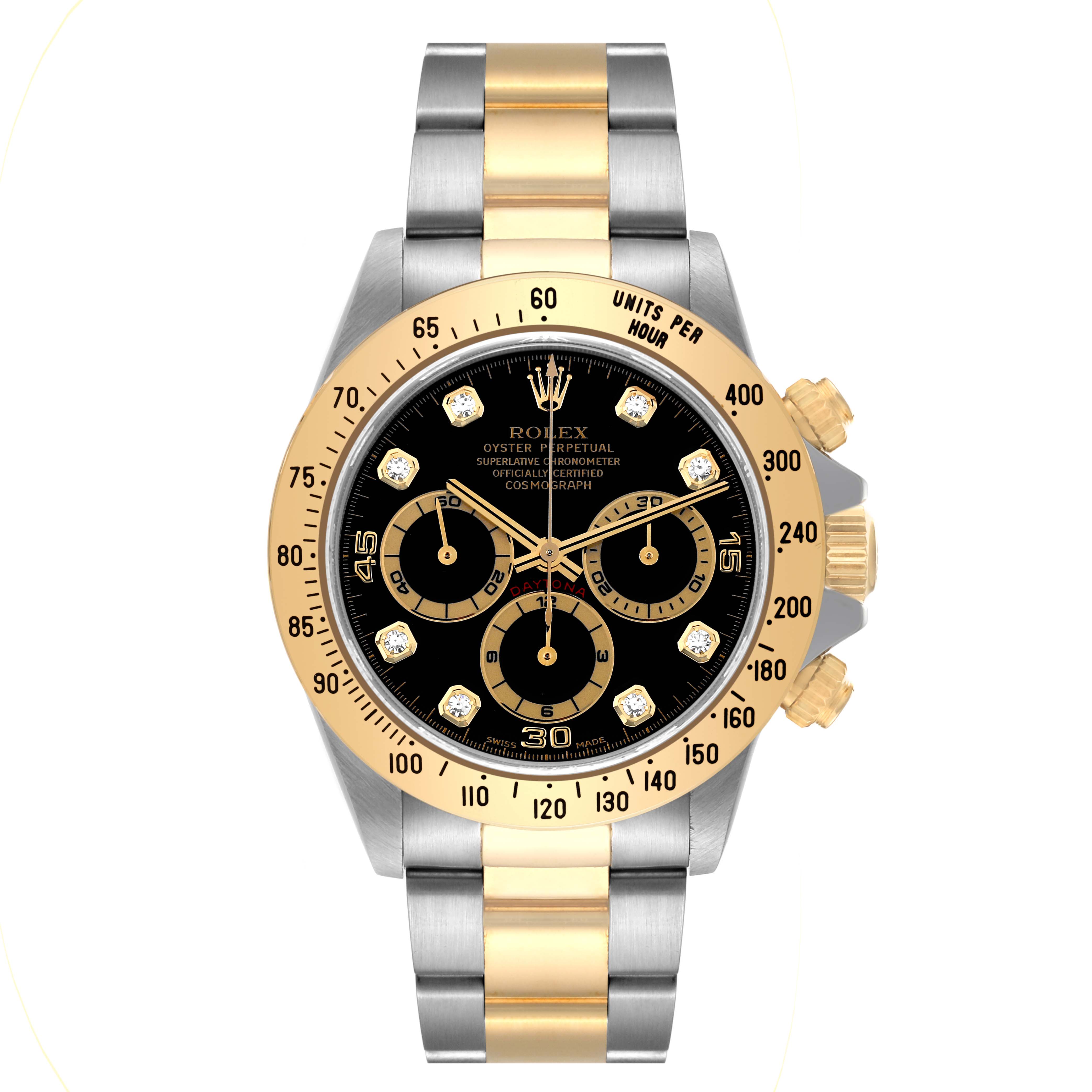 The image shows a front view of the Rolex Daytona 16523 Men
s Steel and Gold (two tone) Black Dial 16523 Men
s Steel and Gold (two tone) Black Dial watch, highlighting its gold and silver band, black dial, and three subdials.