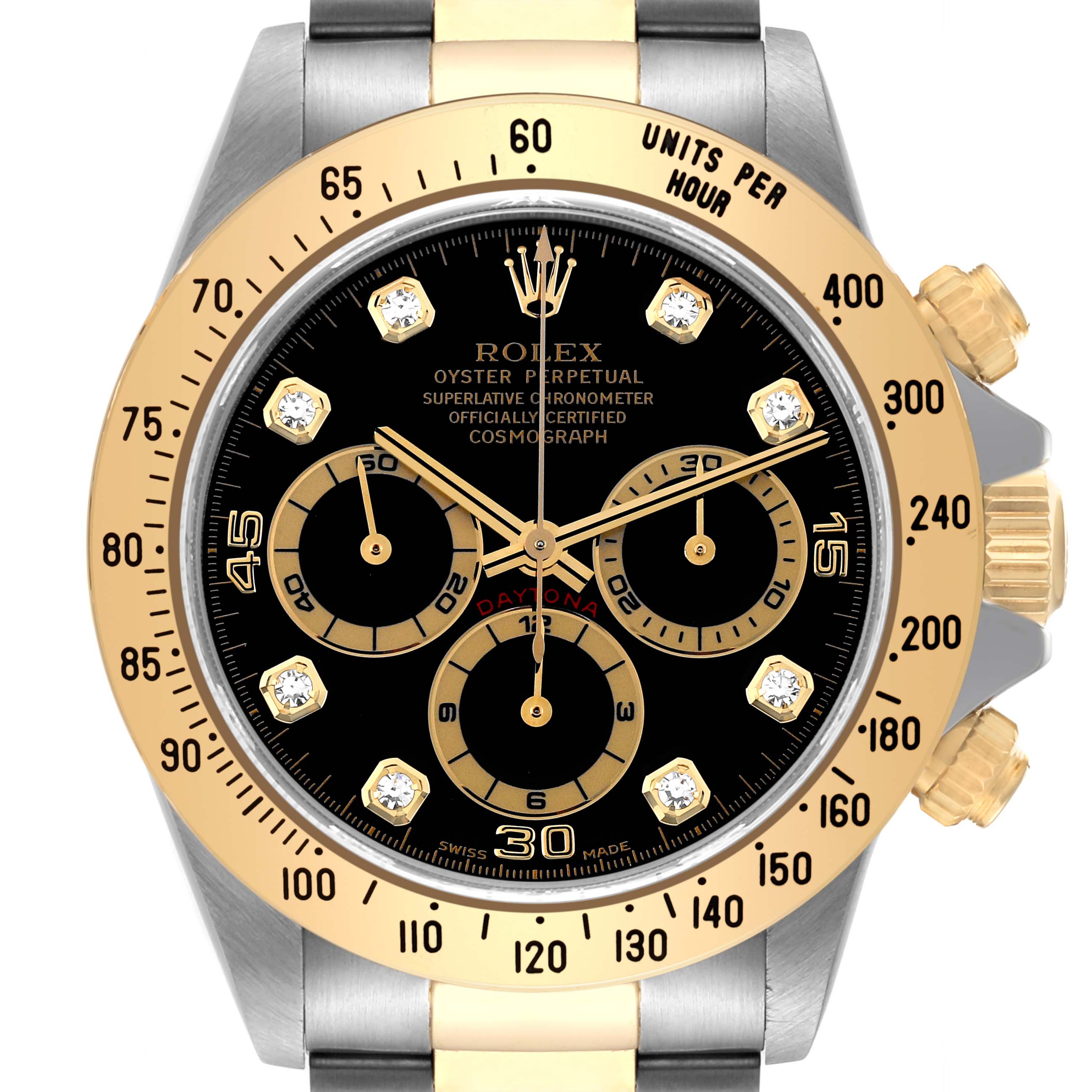 This image shows a frontal view of a Rolex Daytona 16523 Men
s Steel and Gold (two tone) Black Dial 16523 Men
s Steel and Gold (two tone) Black Dial watch with a black dial and gold accents.