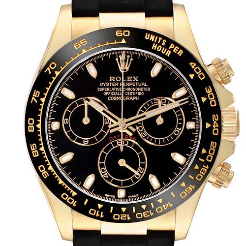 This is a frontal view of a Rolex Daytona watch, displaying the face, bezel, and pushers.