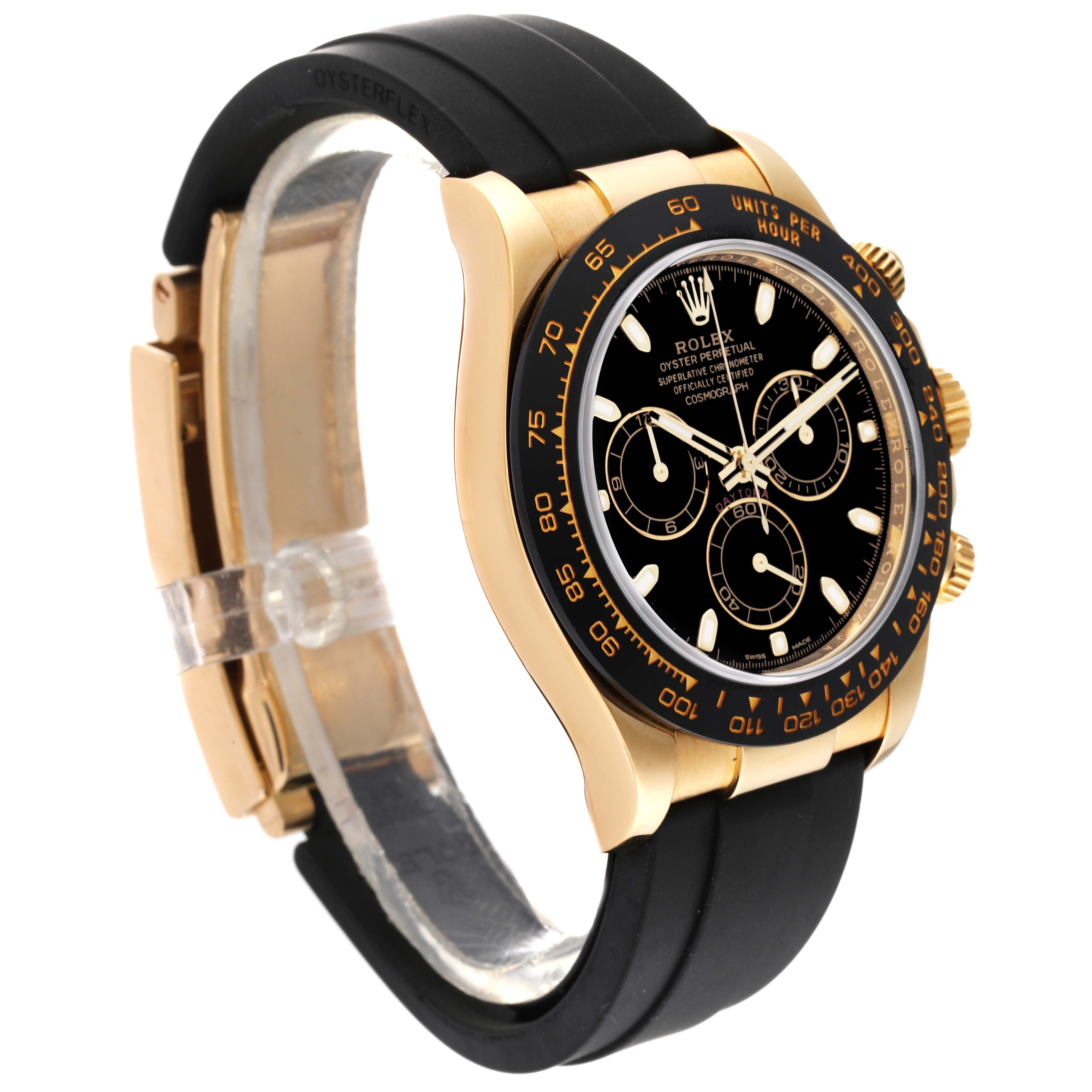 The Rolex Daytona 116518L Men's Yellow Gold Black Dial 116518L Men's Yellow Gold Black Dial watch is shown from a three-quarter angle, highlighting its black dial, gold case, and black rubber strap.