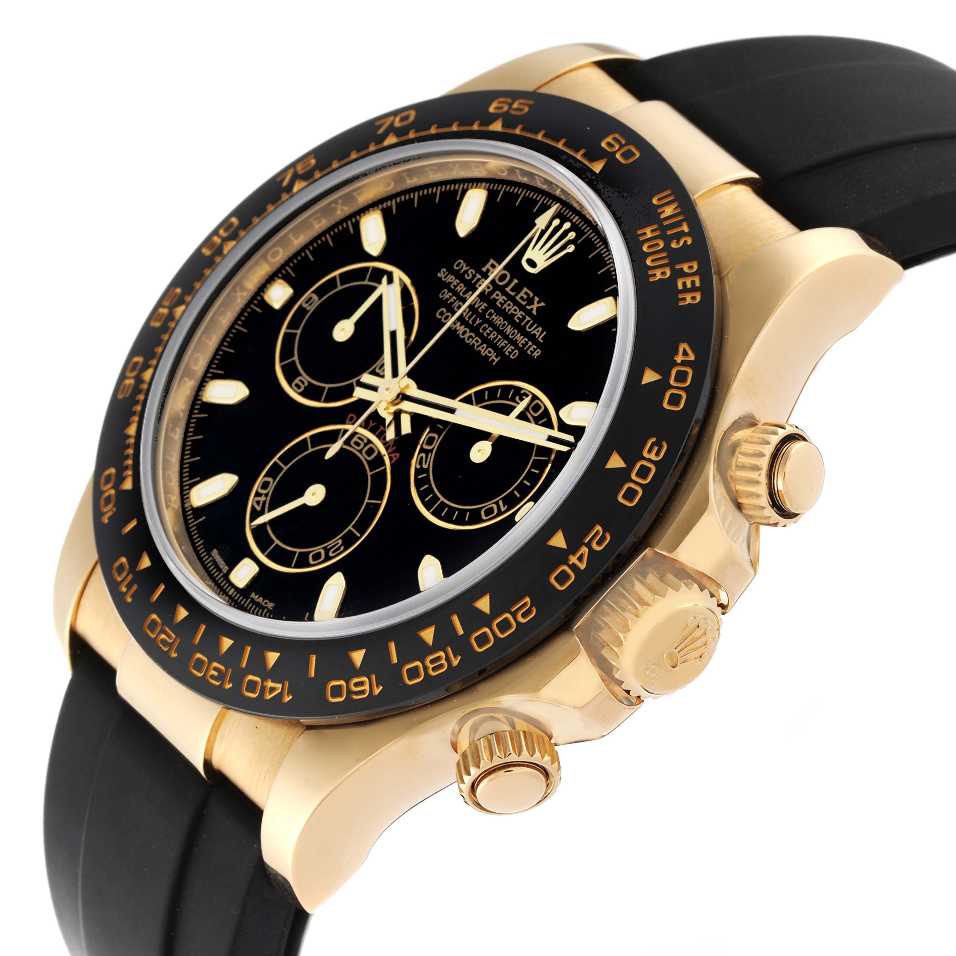 The image shows a side angle of a Rolex Daytona 116518L Men's Yellow Gold Black Dial 116518L Men's Yellow Gold Black Dial model, highlighting its black dial, gold case, and black strap.