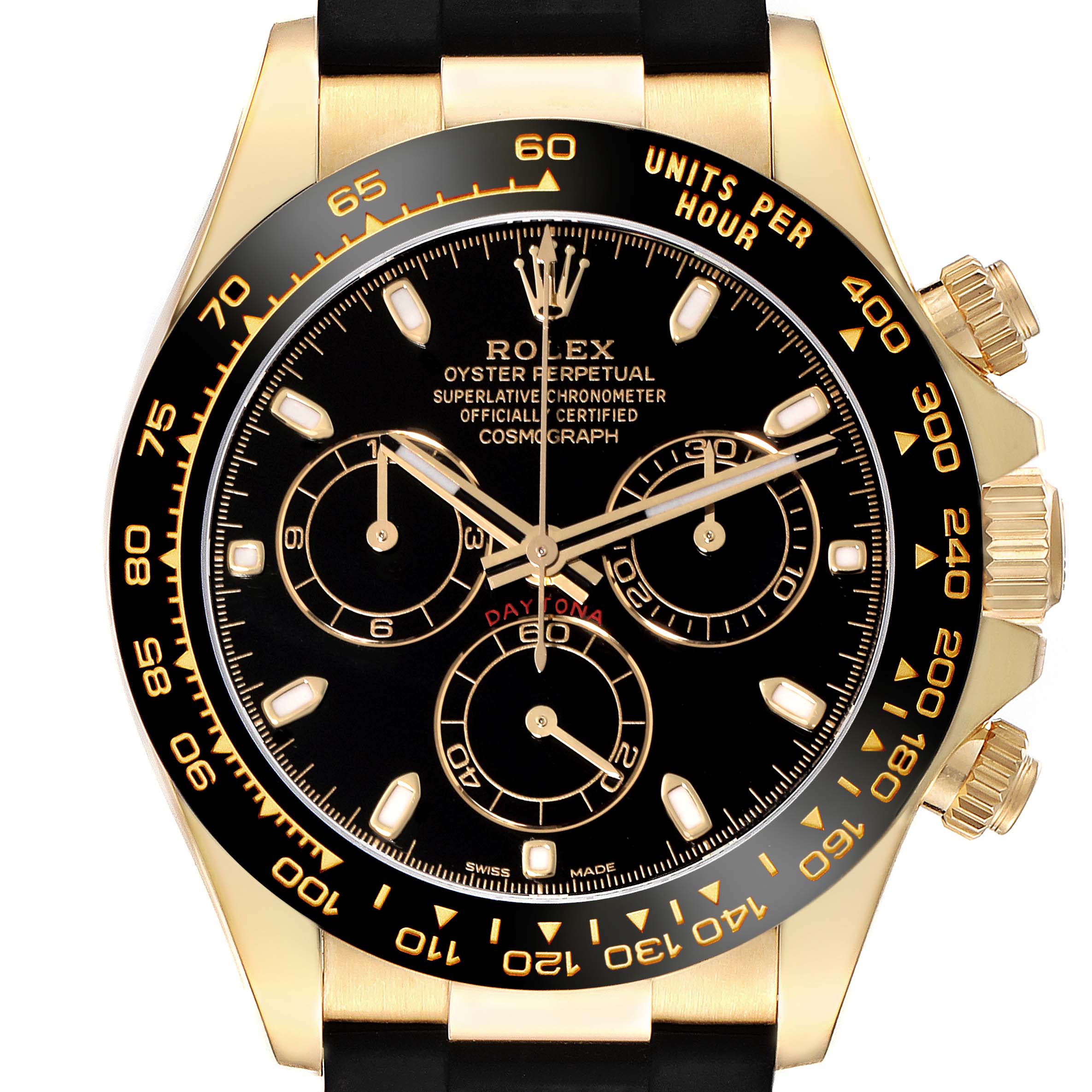 The image shows a front view of the Rolex Daytona 116518L Men's Yellow Gold Black Dial 116518L Men's Yellow Gold Black Dial watch, highlighting the black dial, gold bezel, and chronograph subdials.