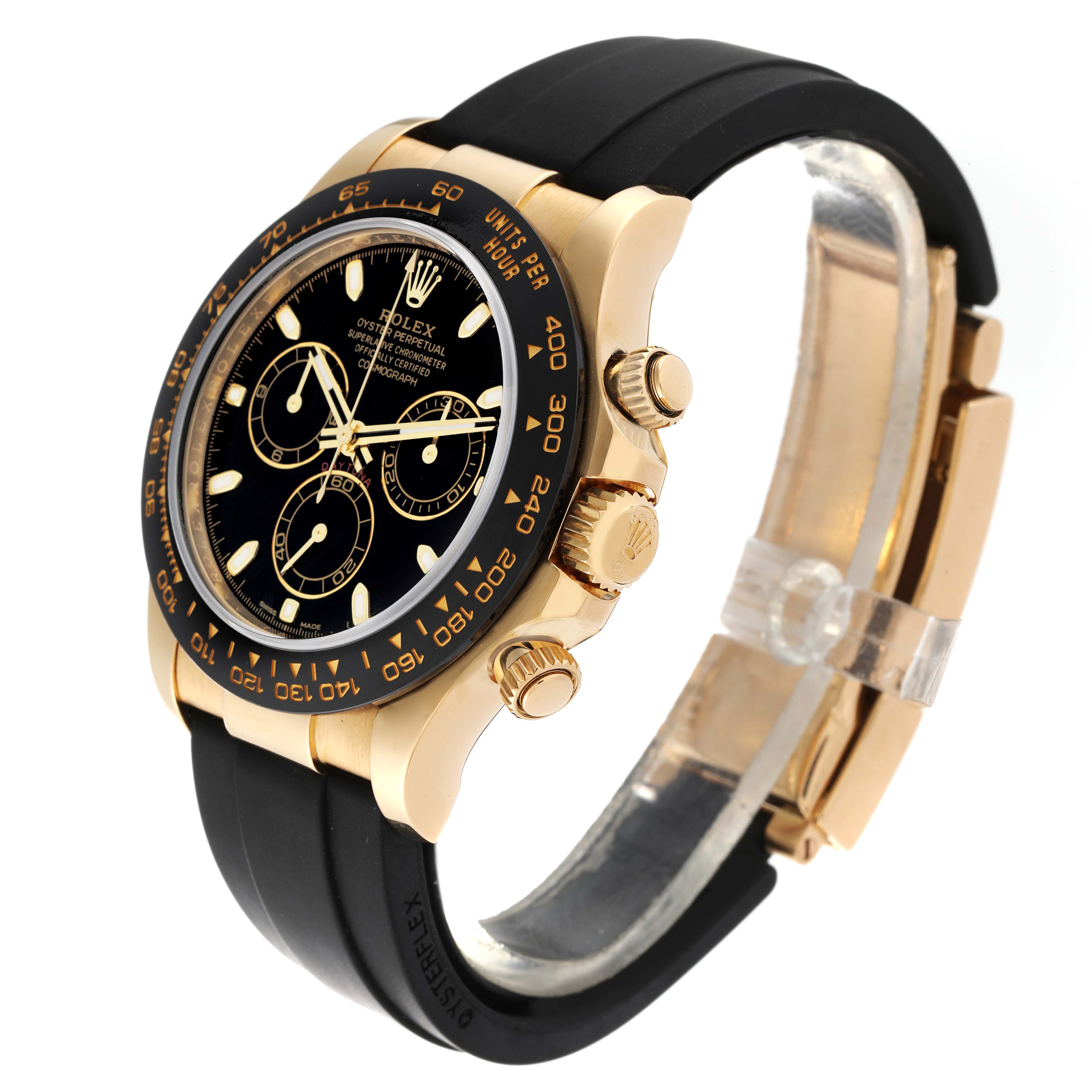 This image shows a side profile angle of a Rolex Daytona 116518L Men's Yellow Gold Black Dial 116518L Men's Yellow Gold Black Dial watch, highlighting its black dial, gold case, and black strap.