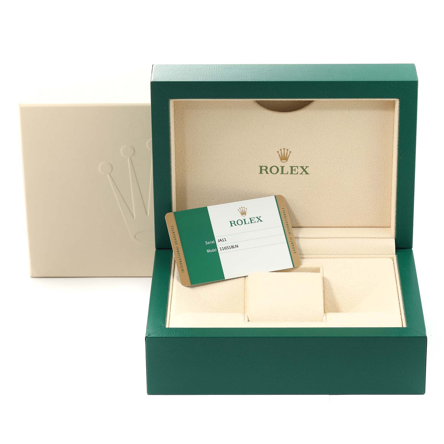 This image shows an open Rolex Daytona 116518L Men's Yellow Gold Black Dial 116518L Men's Yellow Gold Black Dial watch box with an authentication card inside.