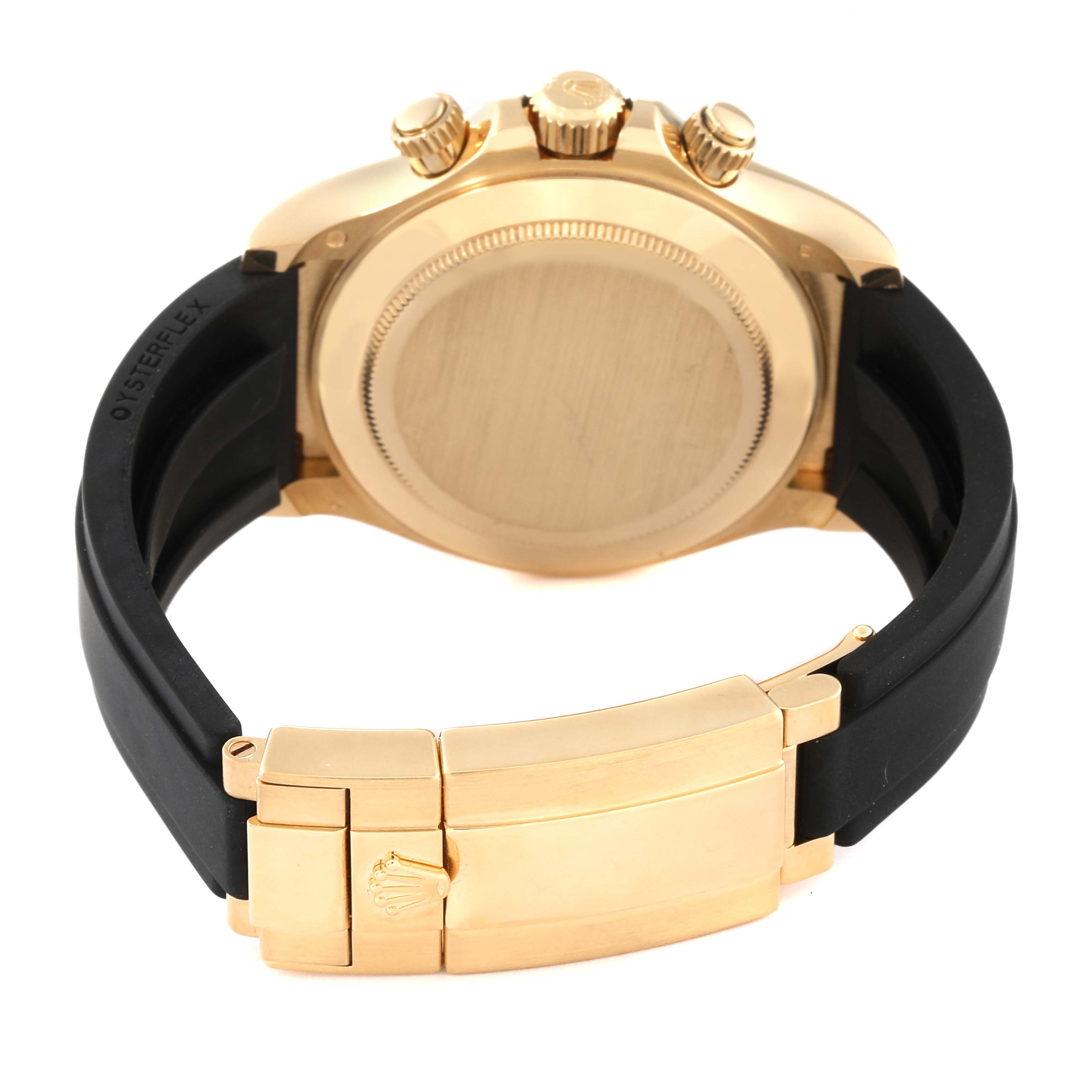 This image shows the back case and clasp of a Rolex Daytona 116518L Men's Yellow Gold Black Dial 116518L Men's Yellow Gold Black Dial watch, highlighting the gold detailing and the black strap.