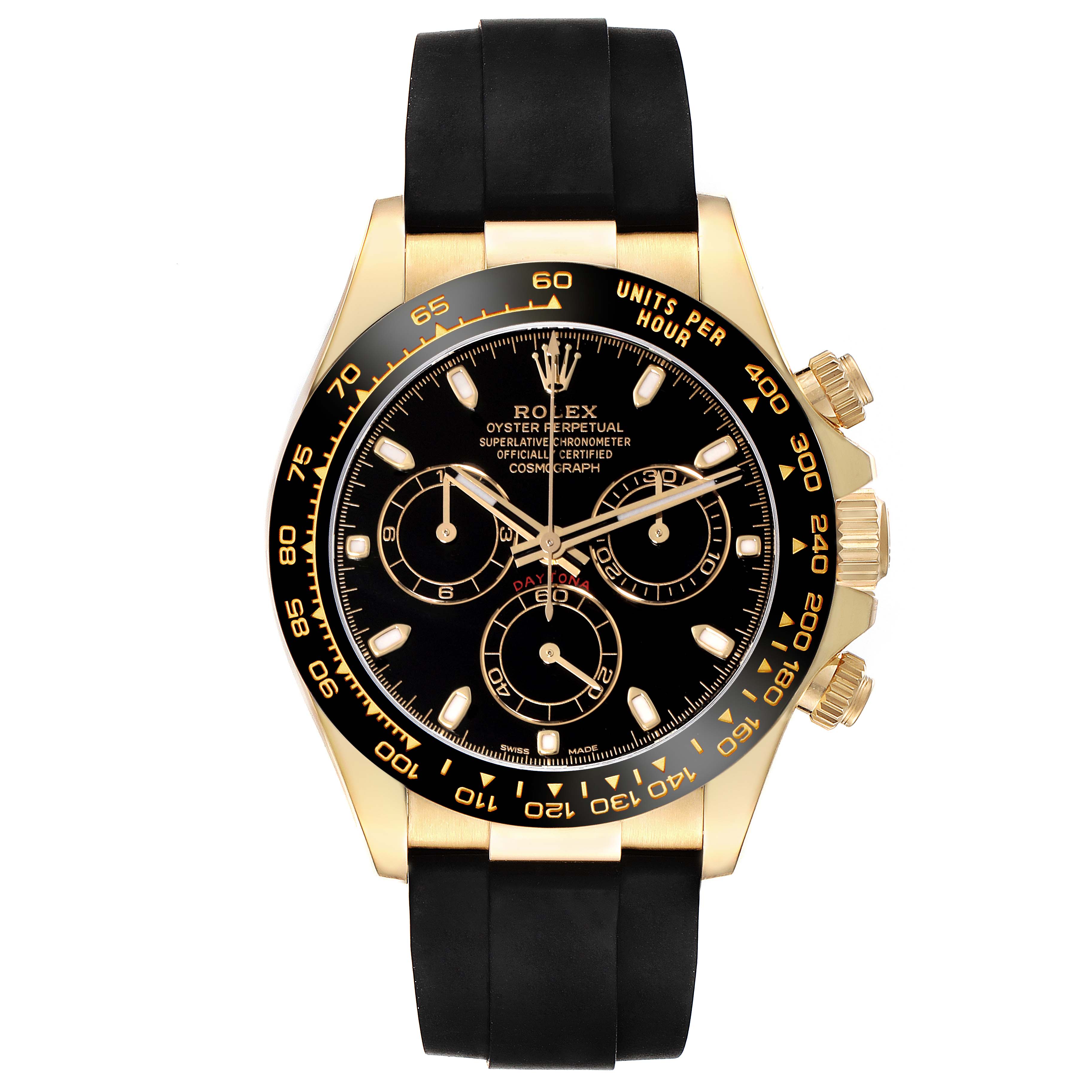 This image shows a frontal view of a Rolex Daytona 116518L Men's Yellow Gold Black Dial 116518L Men's Yellow Gold Black Dial watch featuring a black dial, gold case, and black rubber strap.