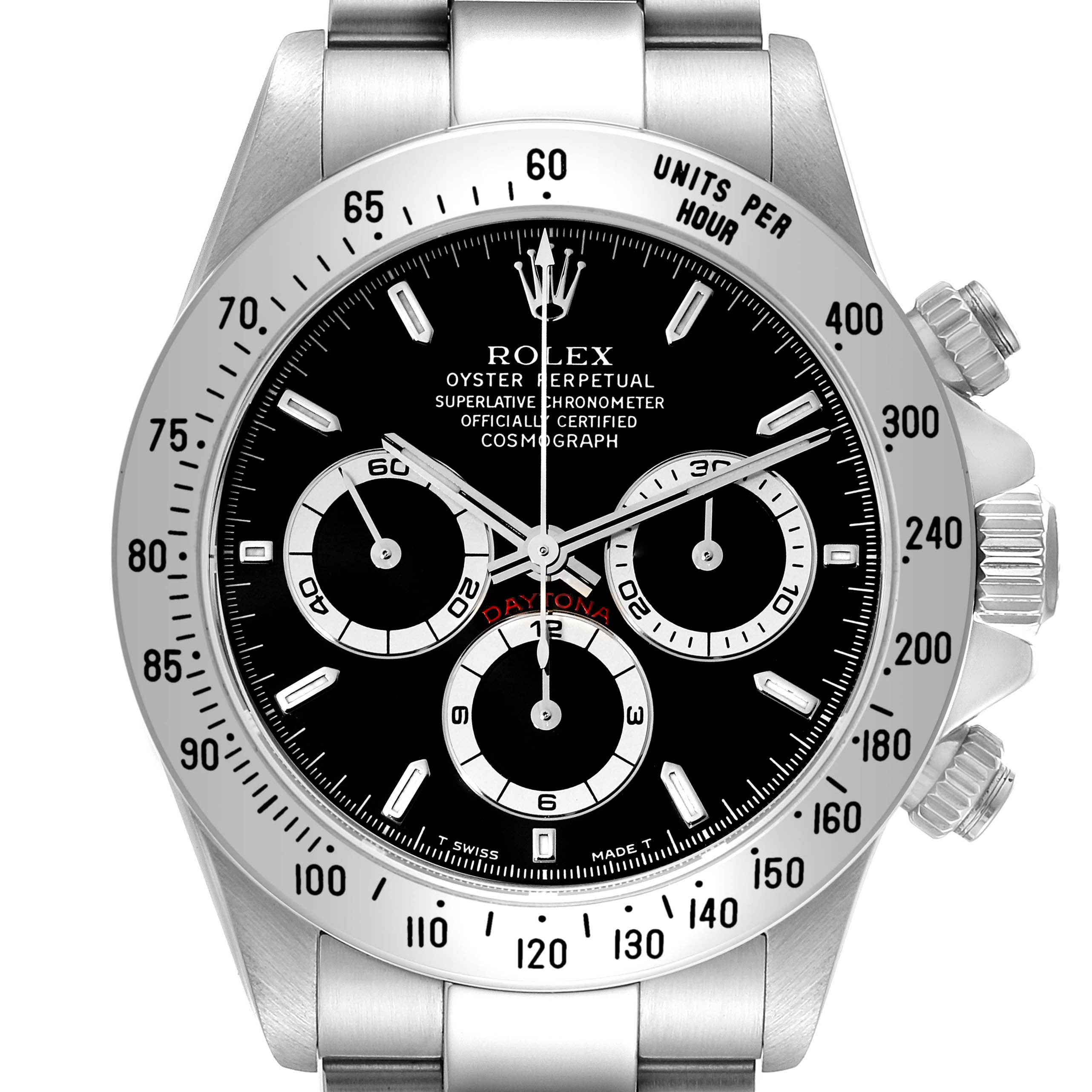 The image shows a front view of a Rolex Daytona 16520 Men's Stainless Steel Black Dial 16520 Men's Stainless Steel Black Dial watch, highlighting the dial, bezel, and chronograph subdials.