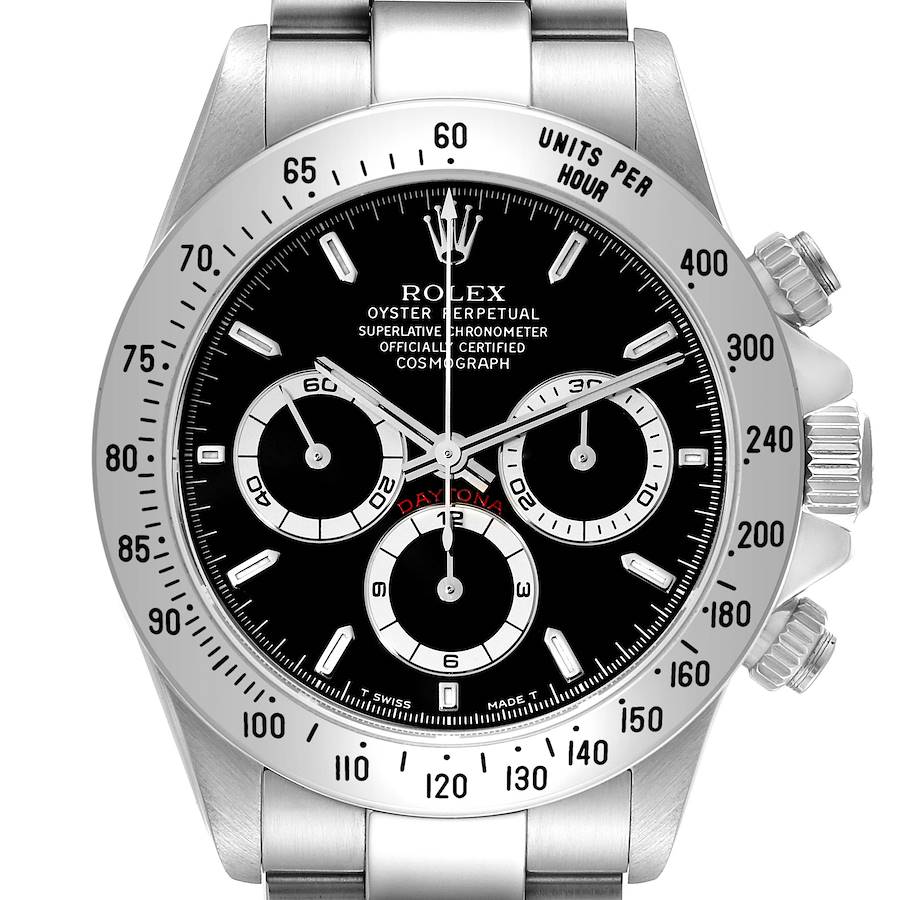 The image shows a front view of a Rolex Daytona watch, highlighting the dial, bezel, and chronograph subdials.