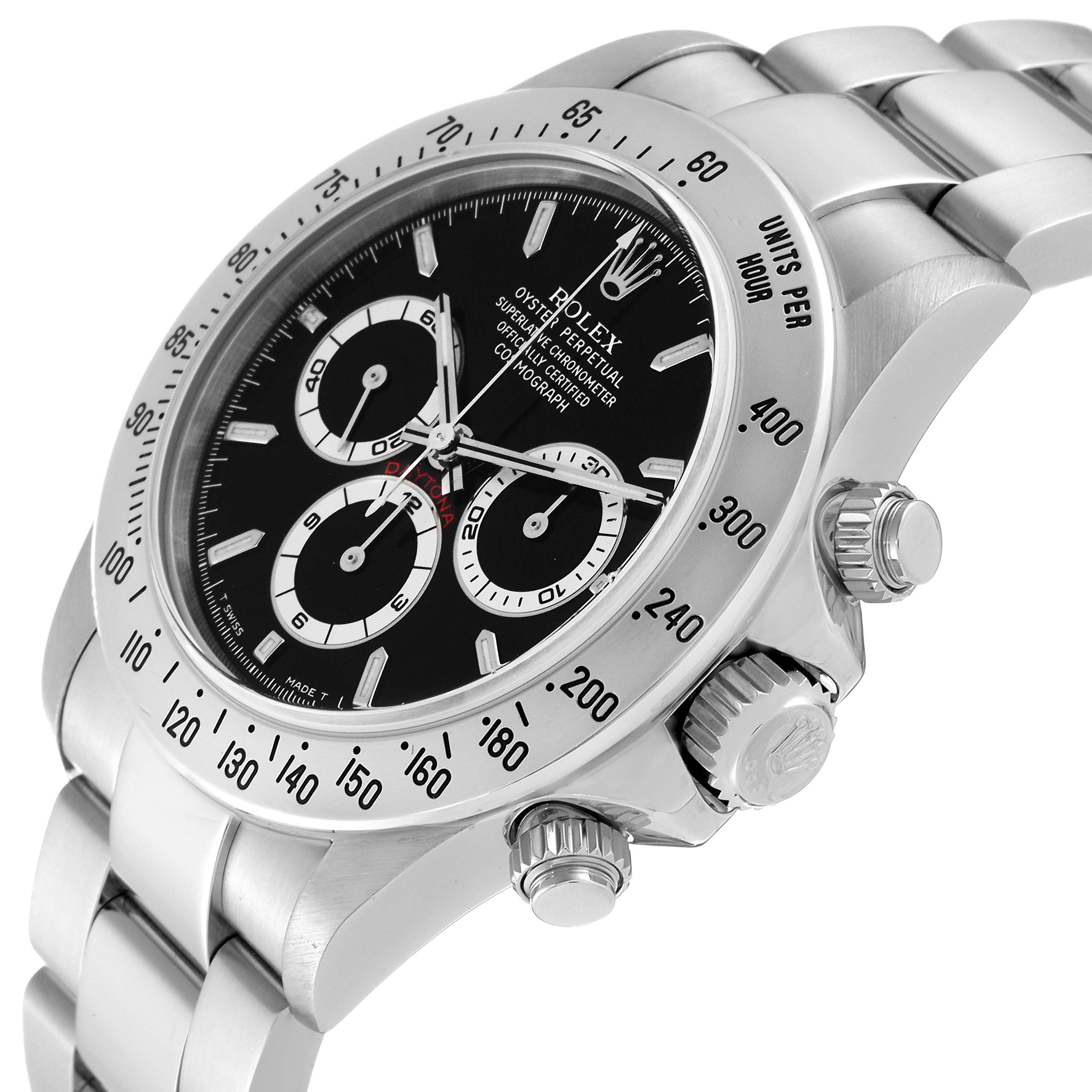 The image shows a side angle of a Rolex Daytona 16520 Men's Stainless Steel Black Dial 16520 Men's Stainless Steel Black Dial watch, displaying the crown, bezel, and part of the bracelet.