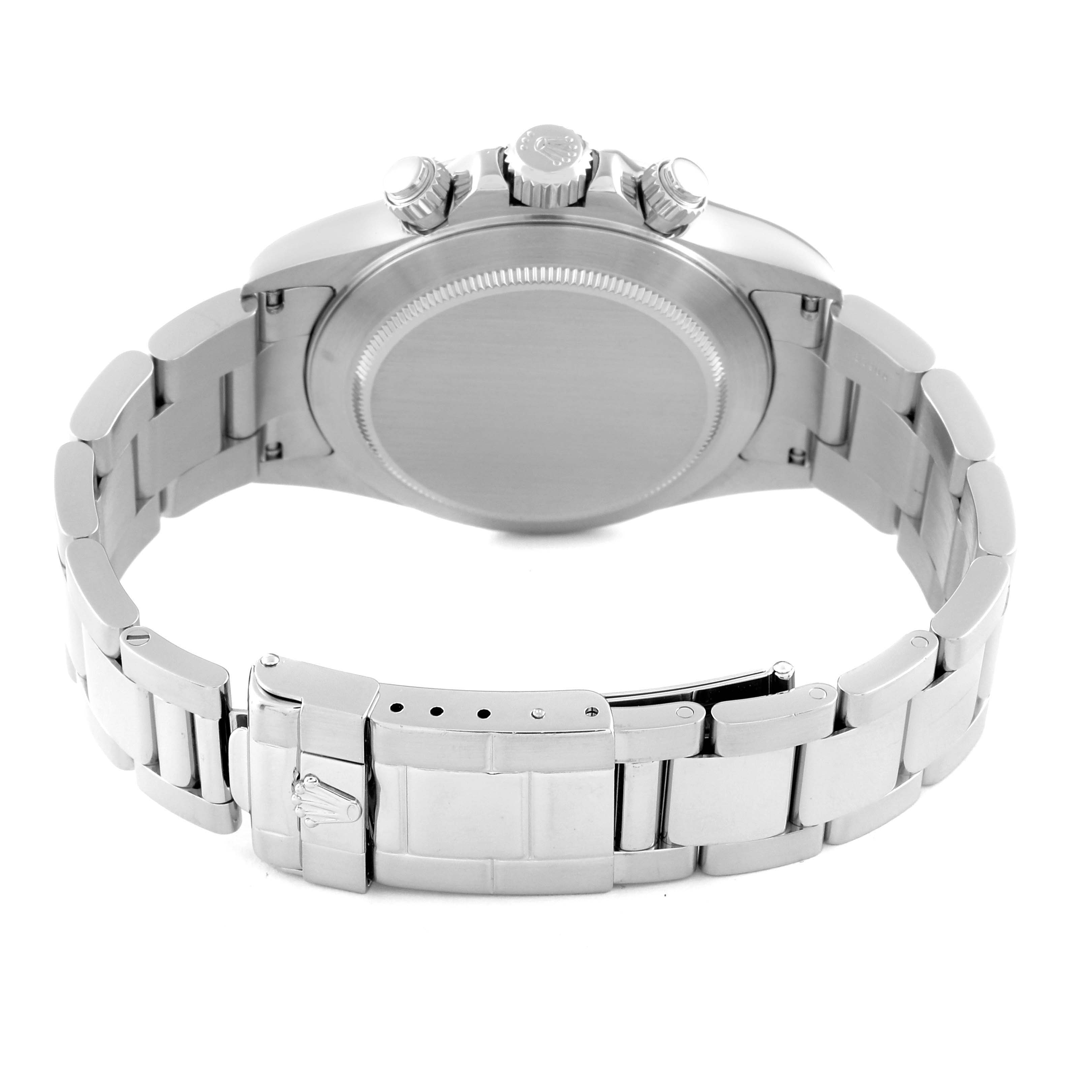 This image shows the back view of a Rolex Daytona 16520 Men's Stainless Steel Black Dial 16520 Men's Stainless Steel Black Dial watch, highlighting its stainless steel band and closed clasp.