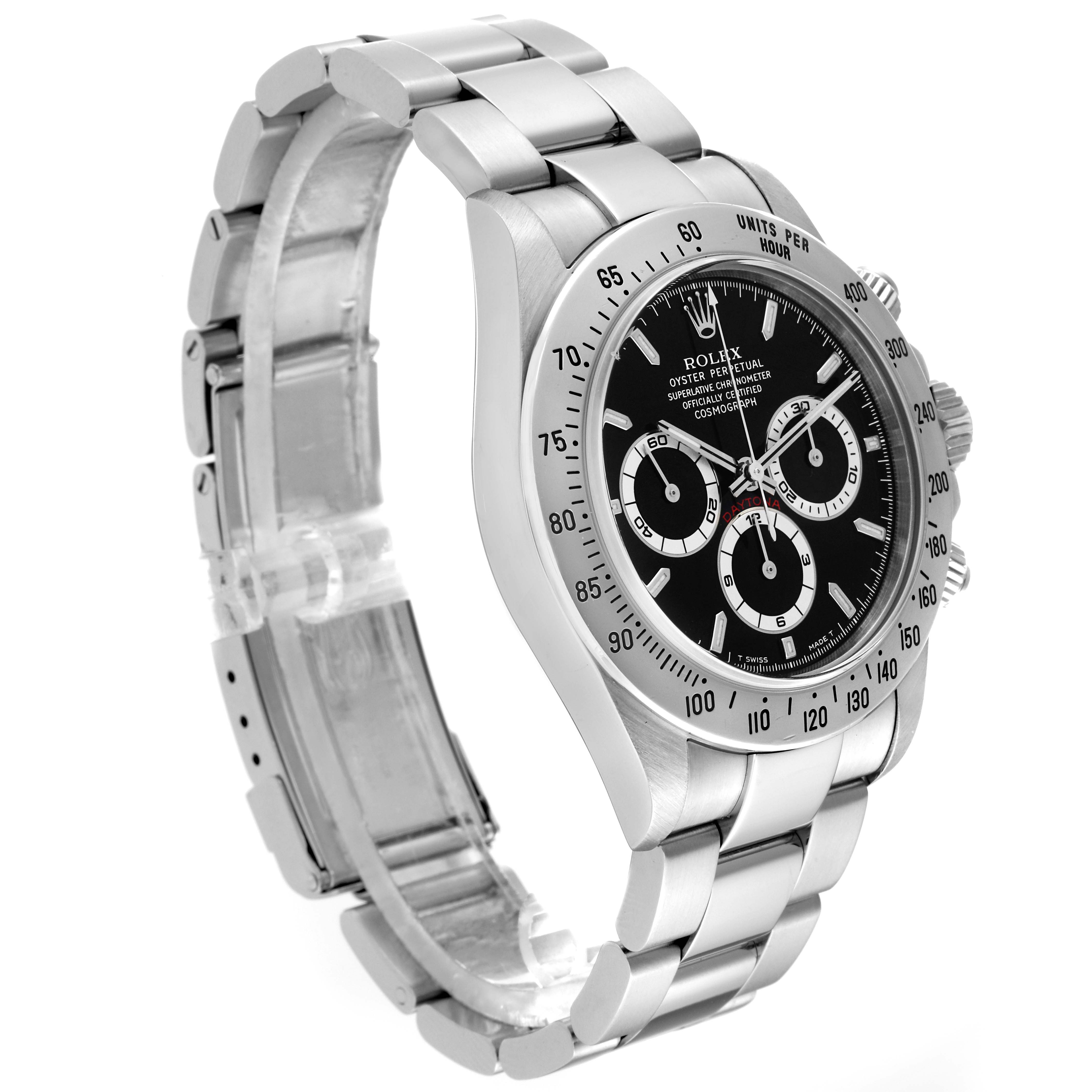 The image shows the side view of a Rolex Daytona 16520 Men's Stainless Steel Black Dial 16520 Men's Stainless Steel Black Dial watch, highlighting its stainless steel bracelet, case, and black dial.