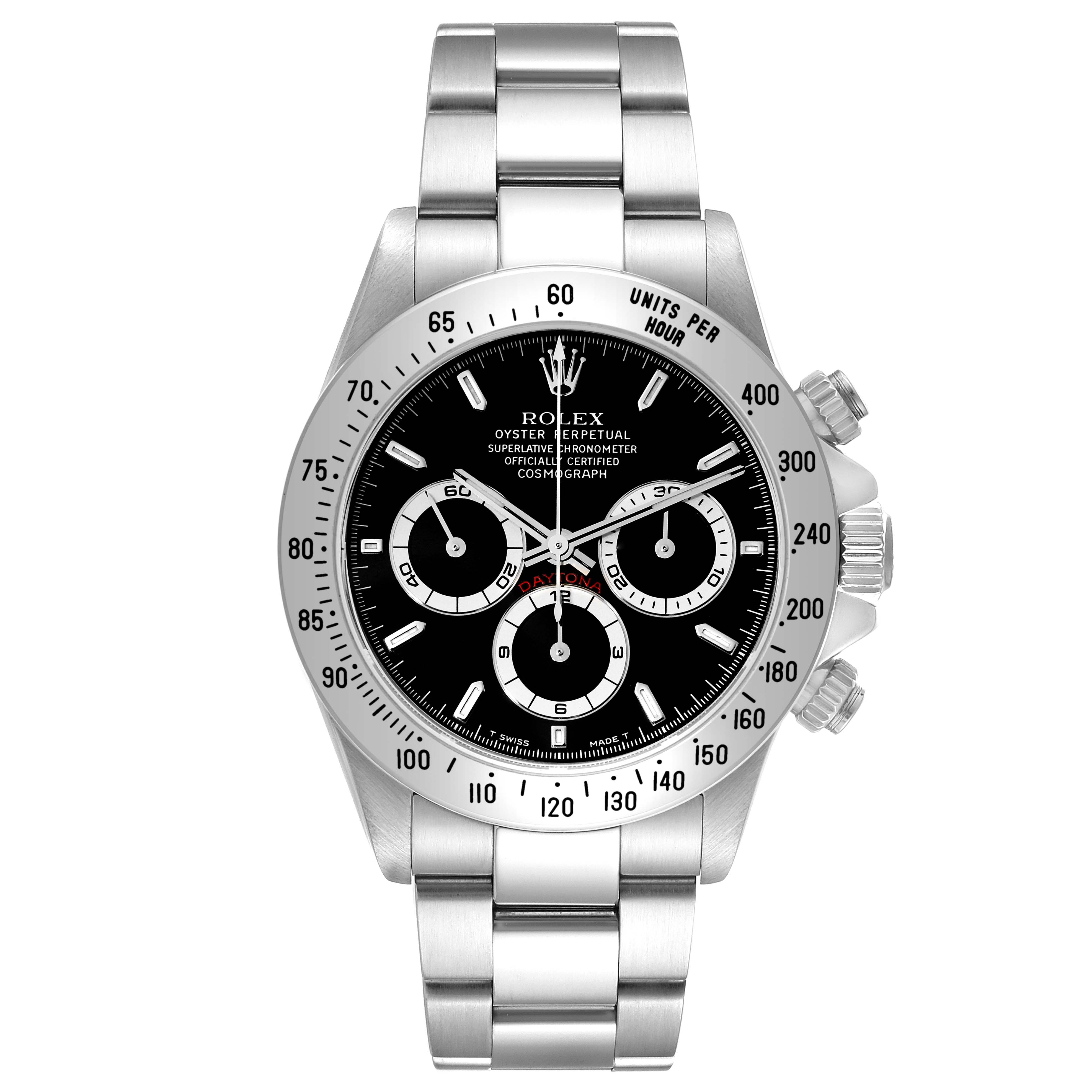 The image shows a front view of the Rolex Daytona 16520 Men's Stainless Steel Black Dial 16520 Men's Stainless Steel Black Dial watch, including its bezel, dial, and bracelet.