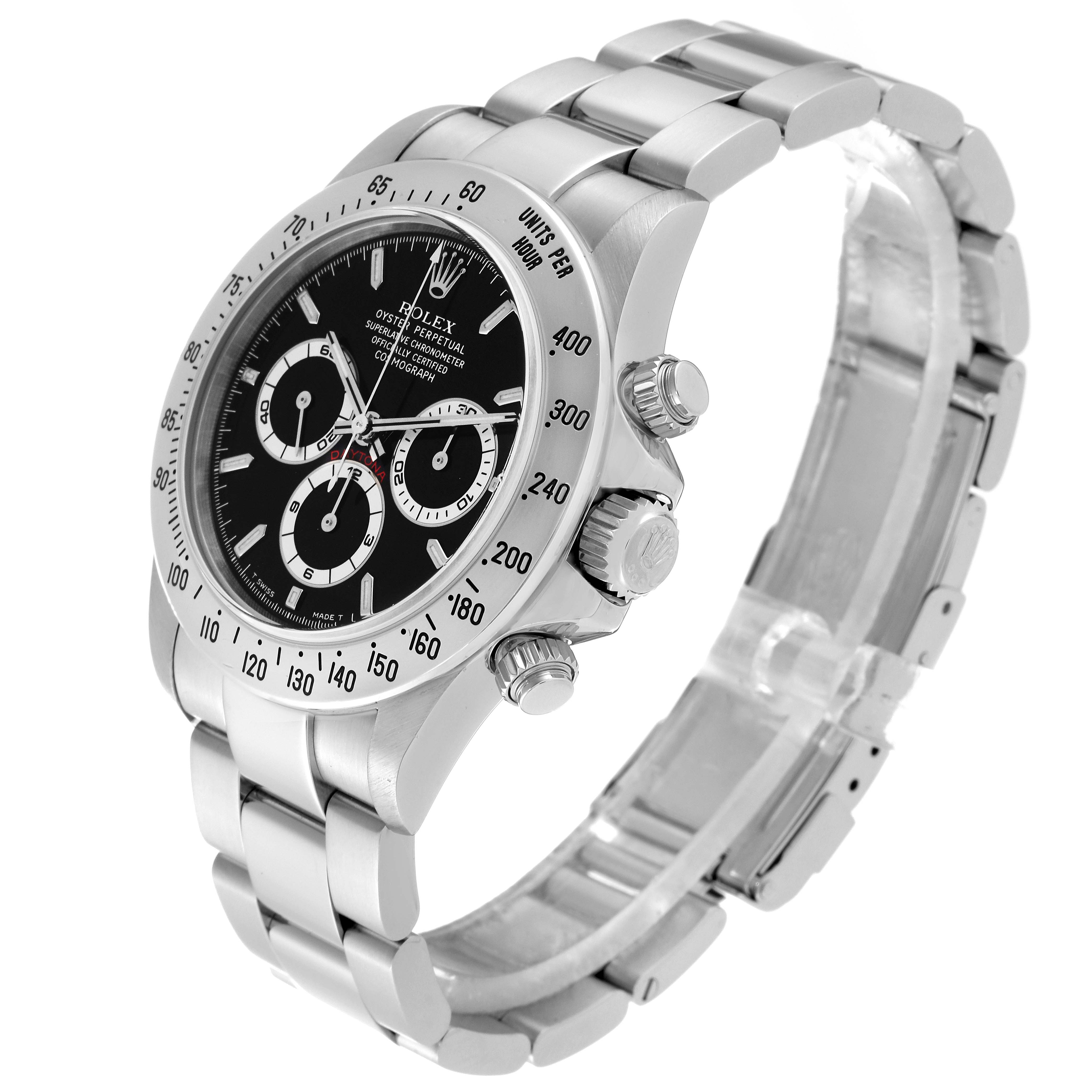 The image shows a side angle of the Rolex Daytona 16520 Men's Stainless Steel Black Dial 16520 Men's Stainless Steel Black Dial watch, highlighting its bezel, dial, bracelet, and pushers.