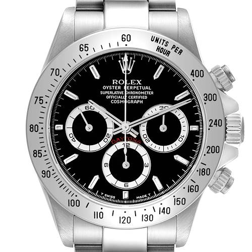 The image shows a frontal view of a Rolex Daytona watch, highlighting its dial, bezel, and subdials.