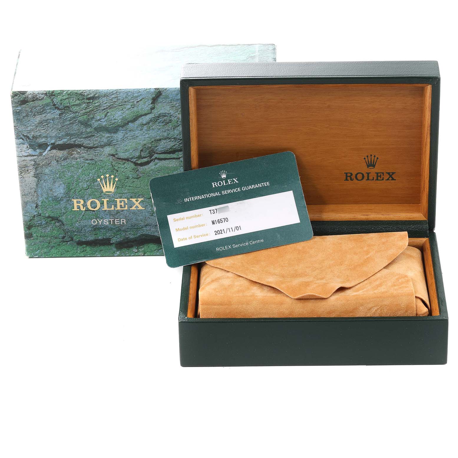 The image shows a Rolex Explorer 16570 Men
s Stainless Steel White Dial 16570 Men
s Stainless Steel White Dial watch box with an international service guarantee card and wrapped watch inside.