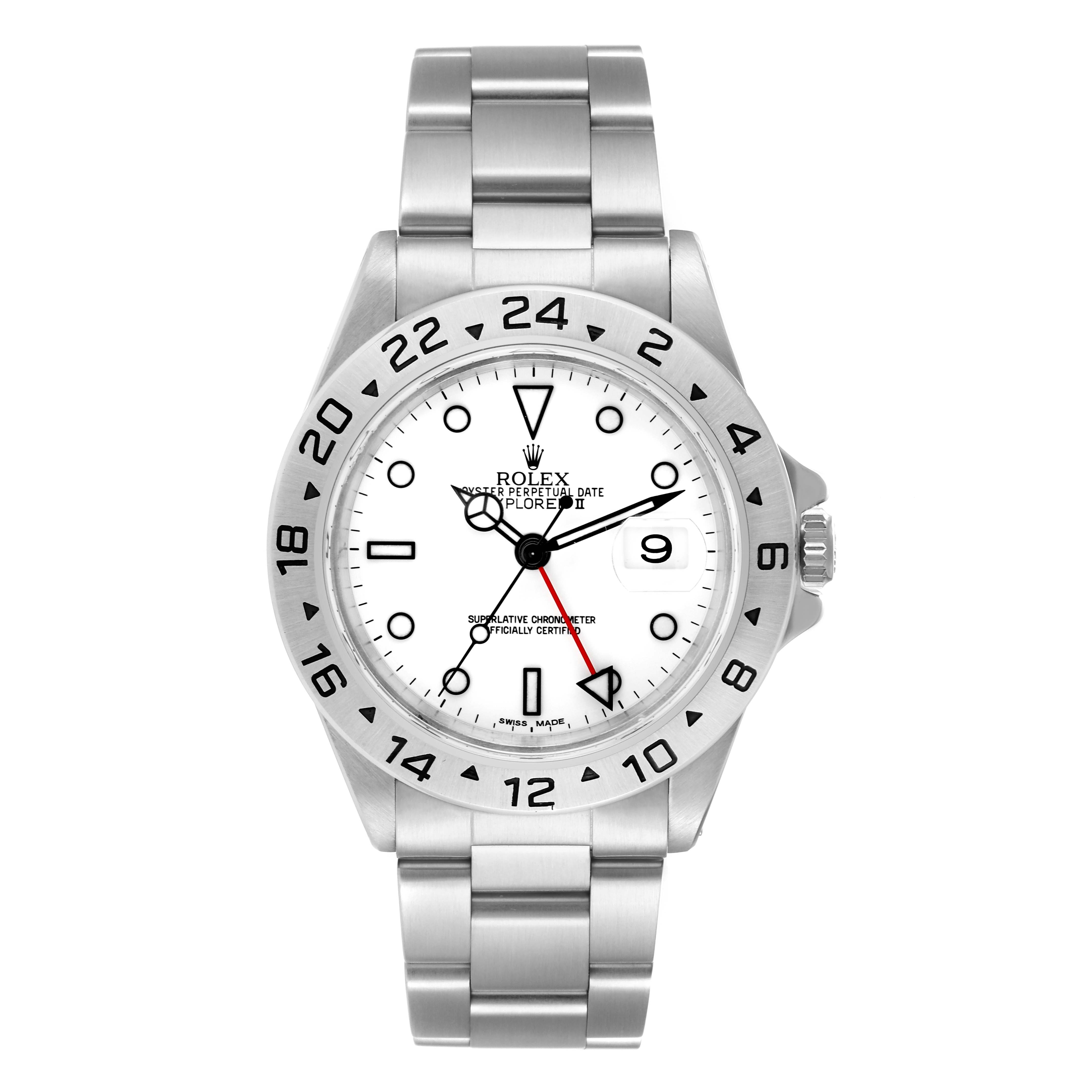 The image shows a front view of the Rolex Explorer 16570 Men
s Stainless Steel White Dial 16570 Men
s Stainless Steel White Dial watch, displaying its dial, bezel, crown, and bracelet.