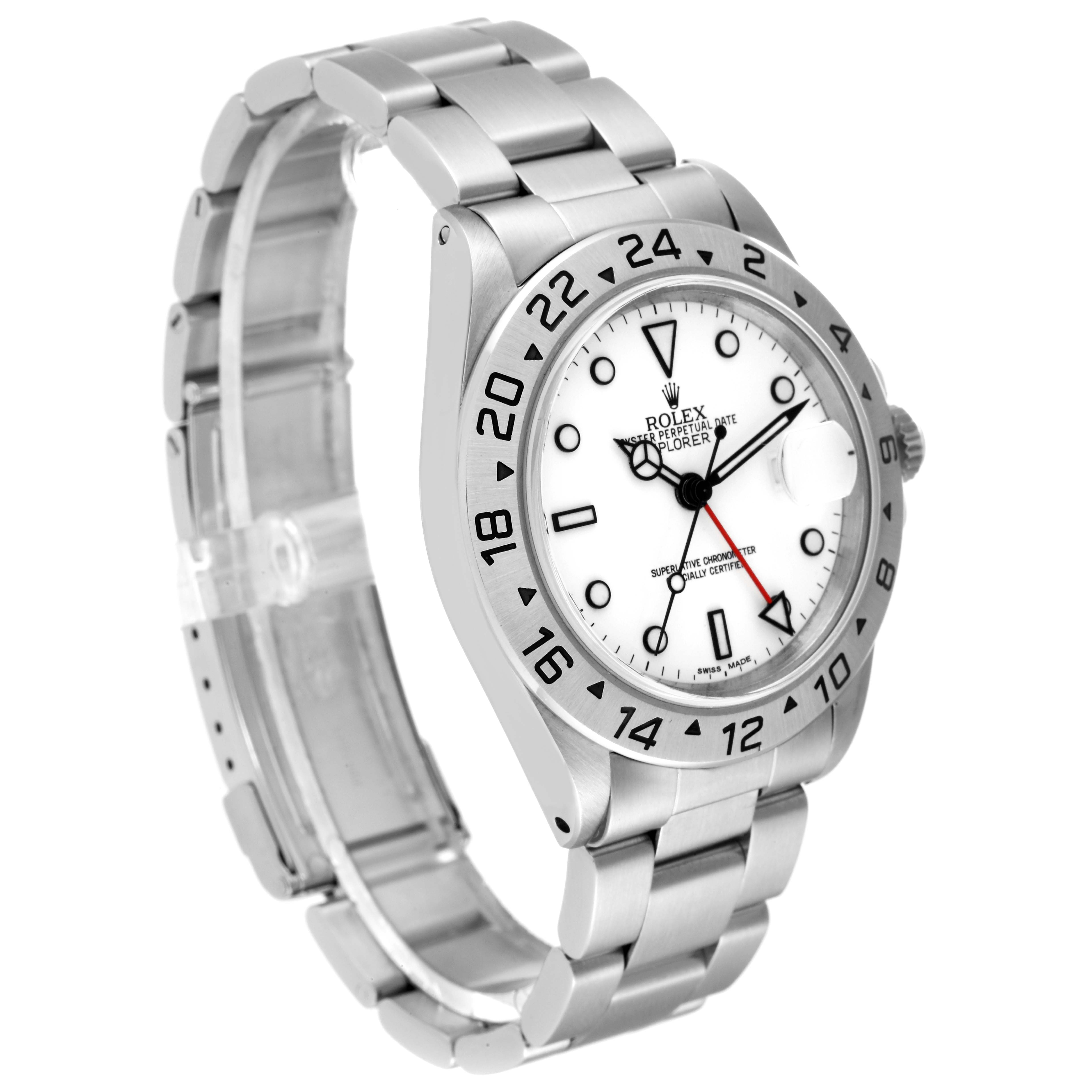 This image shows a side angle of a Rolex Explorer 16570 Men
s Stainless Steel White Dial 16570 Men
s Stainless Steel White Dial model, displaying the face, bezel, and bracelet.