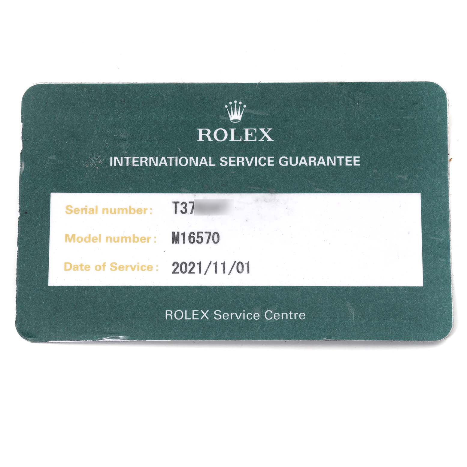 This is a Rolex Service Guarantee card for the Rolex Explorer 16570 Men
s Stainless Steel White Dial 16570 Men
s Stainless Steel White Dial model M16570 with service details.