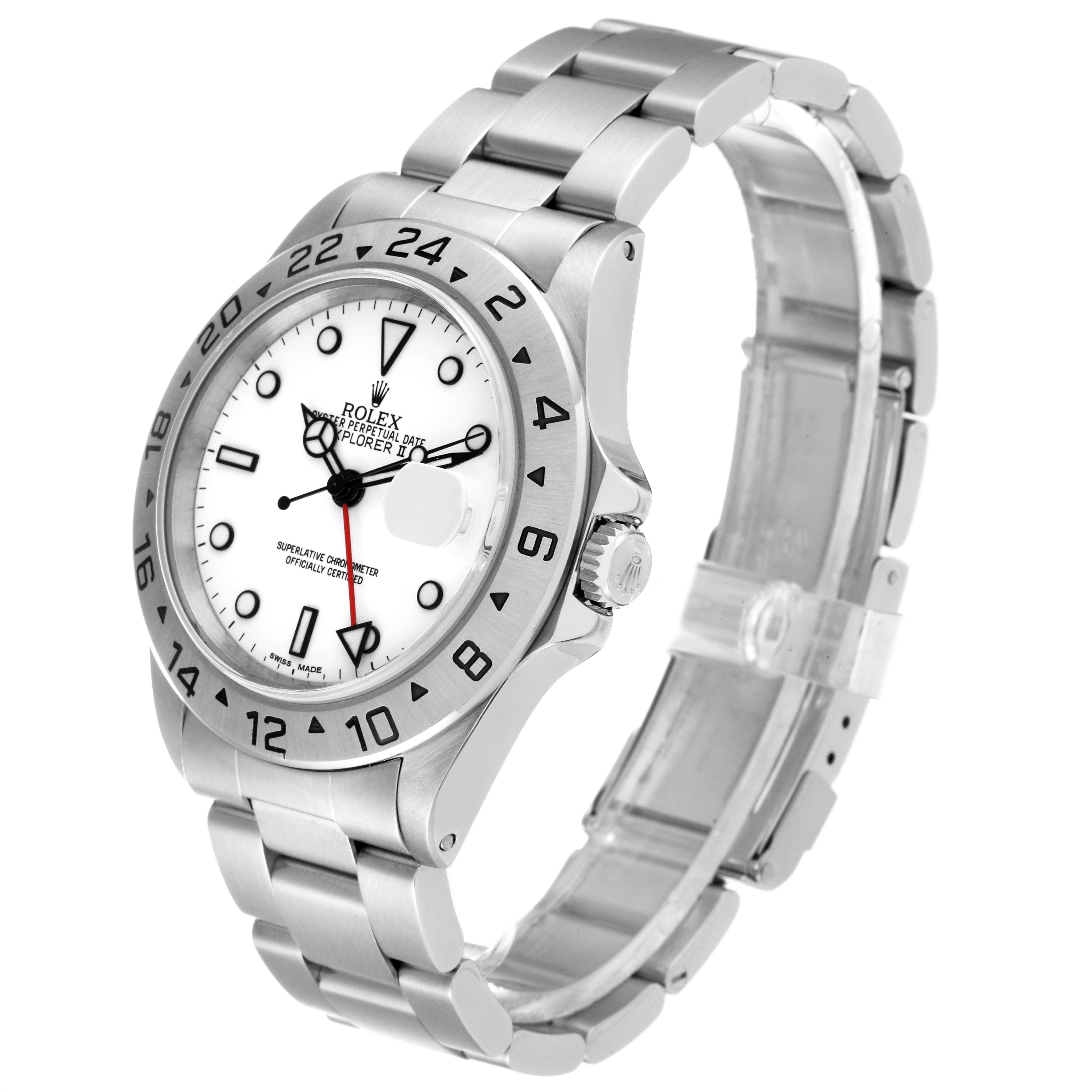 The Rolex Explorer 16570 Men
s Stainless Steel White Dial 16570 Men
s Stainless Steel White Dial watch is shown at a three-quarter angle, displaying the face, bezel, case, and full bracelet.