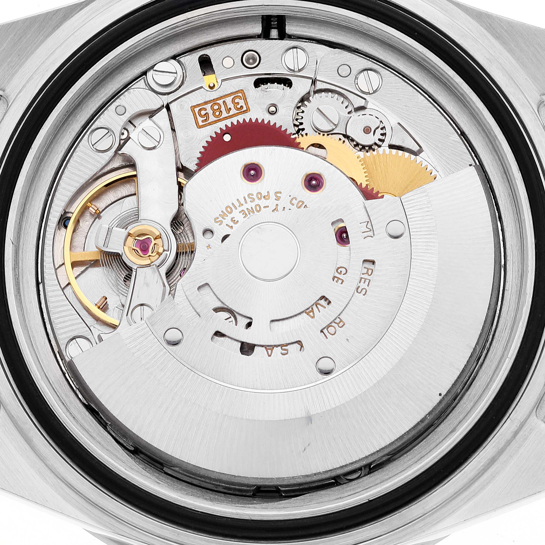 This is the back view of the Rolex Explorer 16570 Men
s Stainless Steel White Dial 16570 Men
s Stainless Steel White Dial watch showing its intricate movement and internal mechanisms.