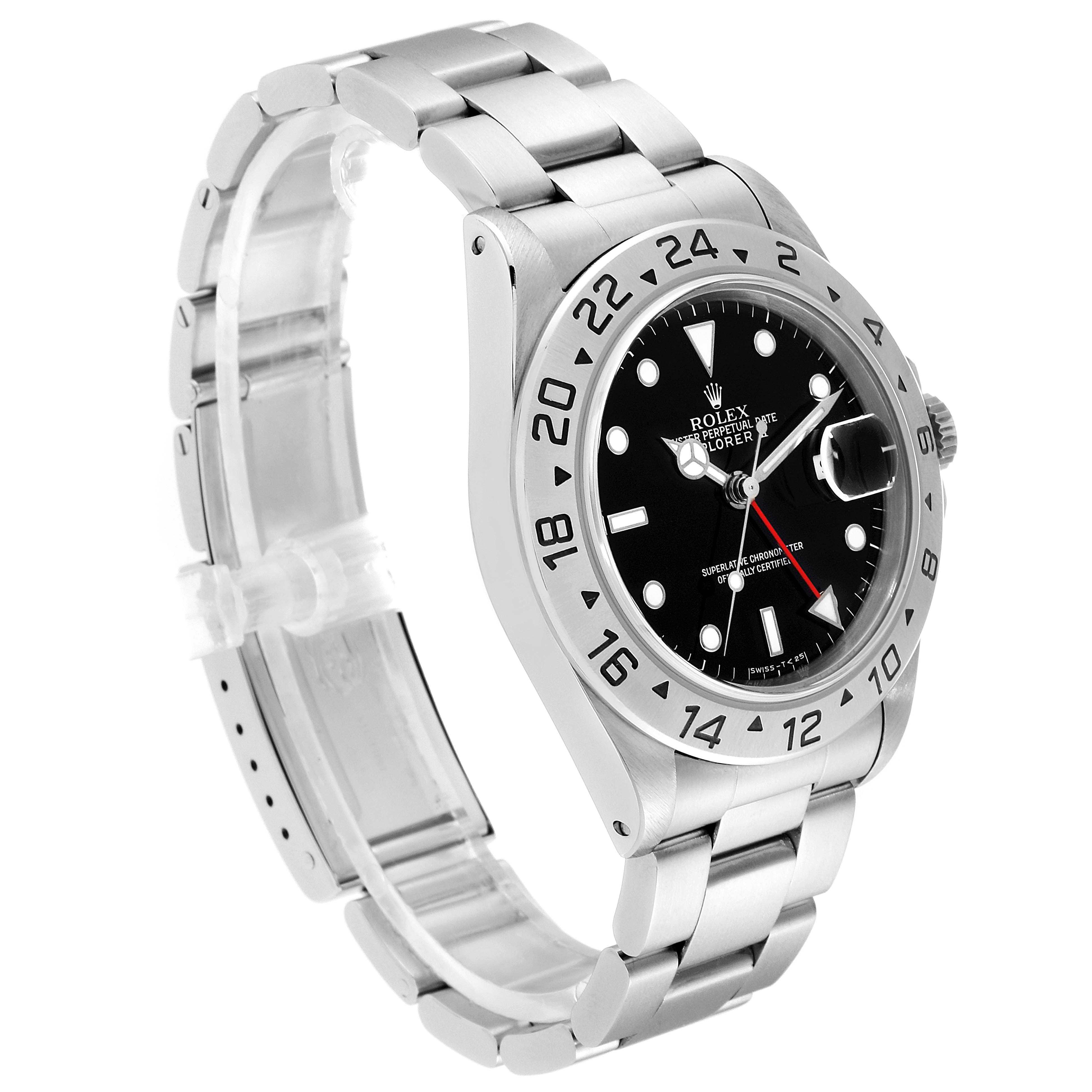 The image shows a side angle of the Rolex Explorer 16570 Men
s Stainless Steel Black Dial 16570 Men
s Stainless Steel Black Dial watch, highlighting its face, bezel, and bracelet.