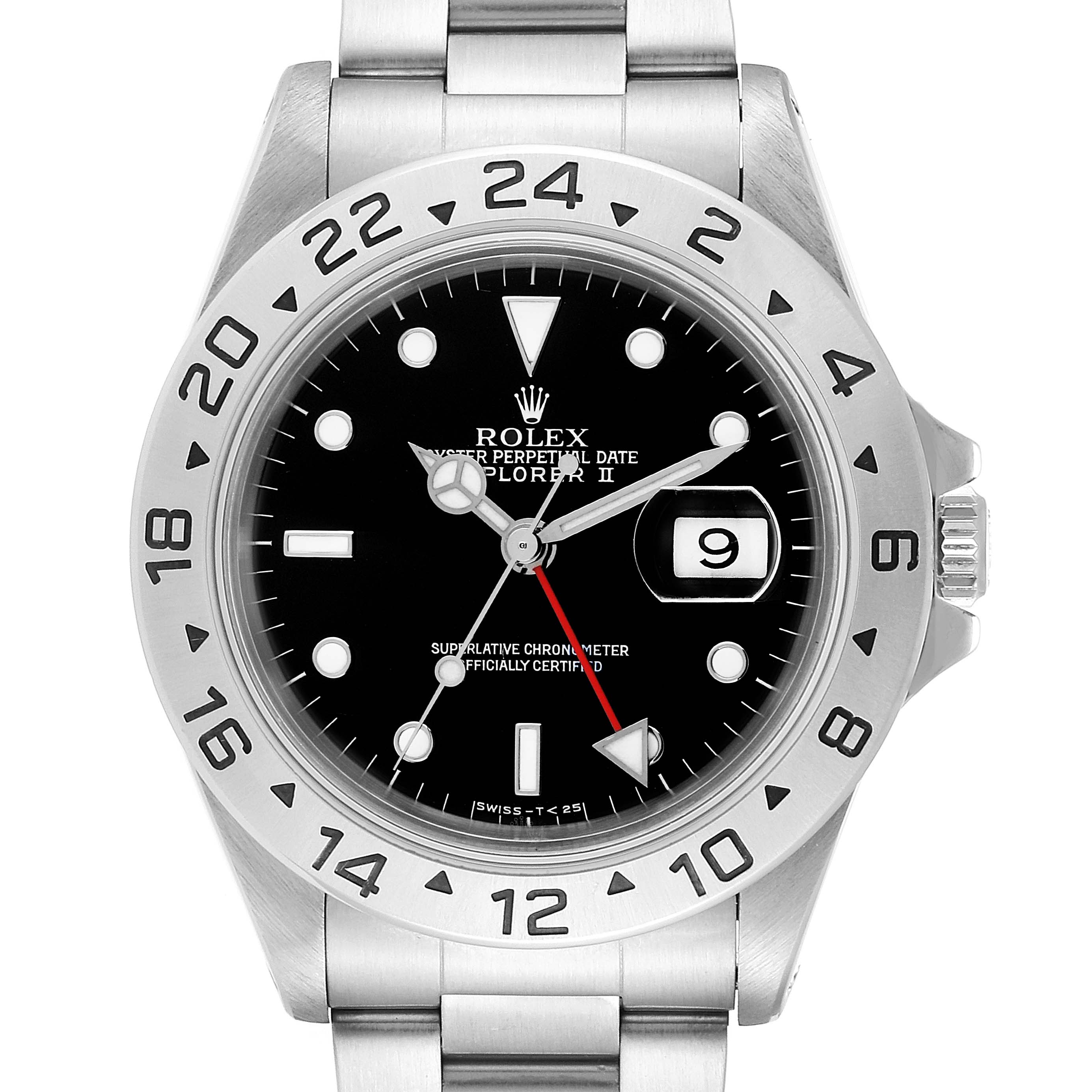 The image shows a front view of the Rolex Explorer 16570 Men
s Stainless Steel Black Dial 16570 Men
s Stainless Steel Black Dial watch, highlighting the black dial, bezel, date window, and stainless steel bracelet.