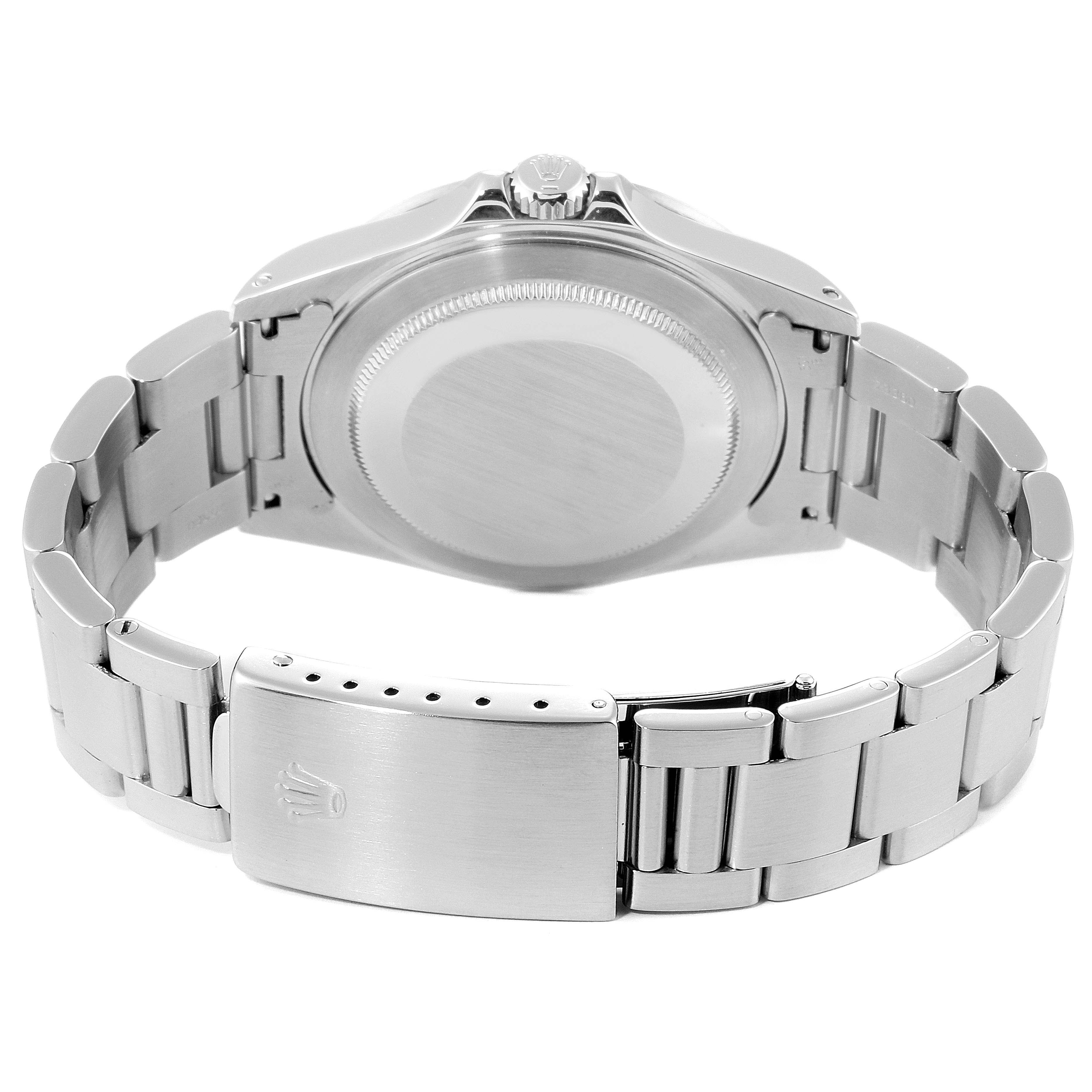 This image shows the back view of a Rolex Explorer 16570 Men
s Stainless Steel Black Dial 16570 Men
s Stainless Steel Black Dial watch, focusing on the bracelet and case back.