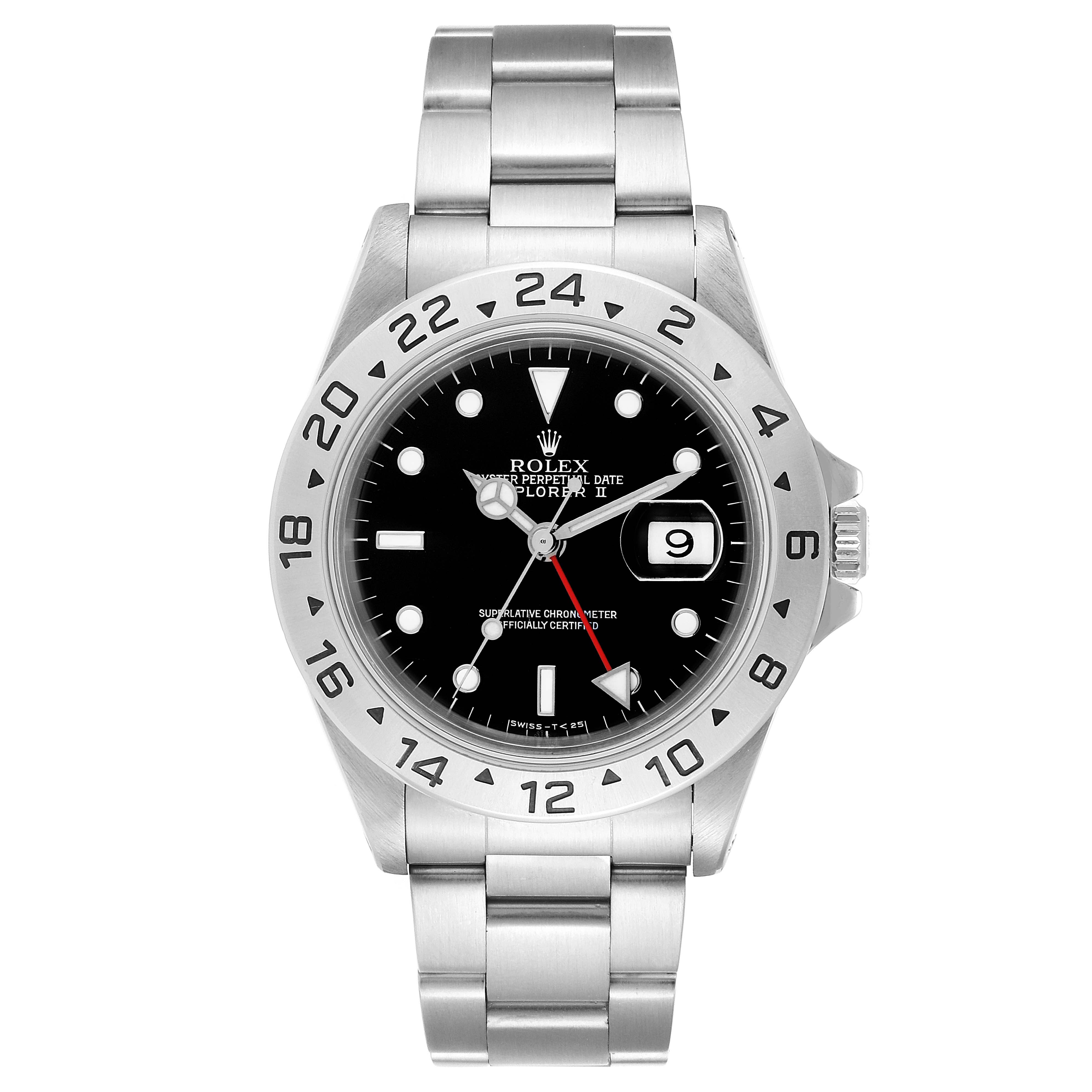 This is a front view of a Rolex Explorer 16570 Men
s Stainless Steel Black Dial 16570 Men
s Stainless Steel Black Dial watch showing the dial, bezel, crown, and bracelet.