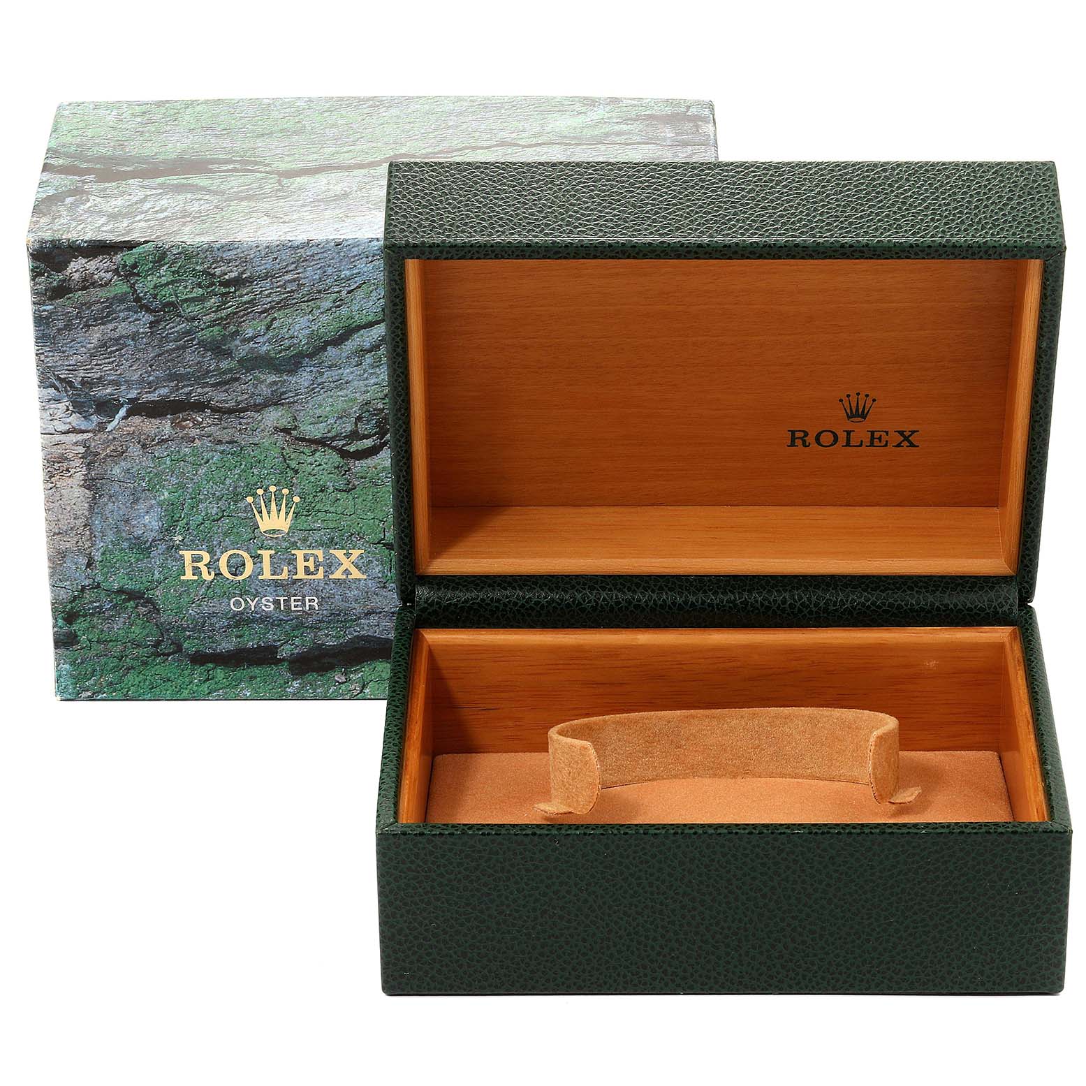 The image shows an open presentation box for a Rolex Explorer 16570 Men
s Stainless Steel Black Dial 16570 Men
s Stainless Steel Black Dial, with an exterior box featuring a nature pattern.