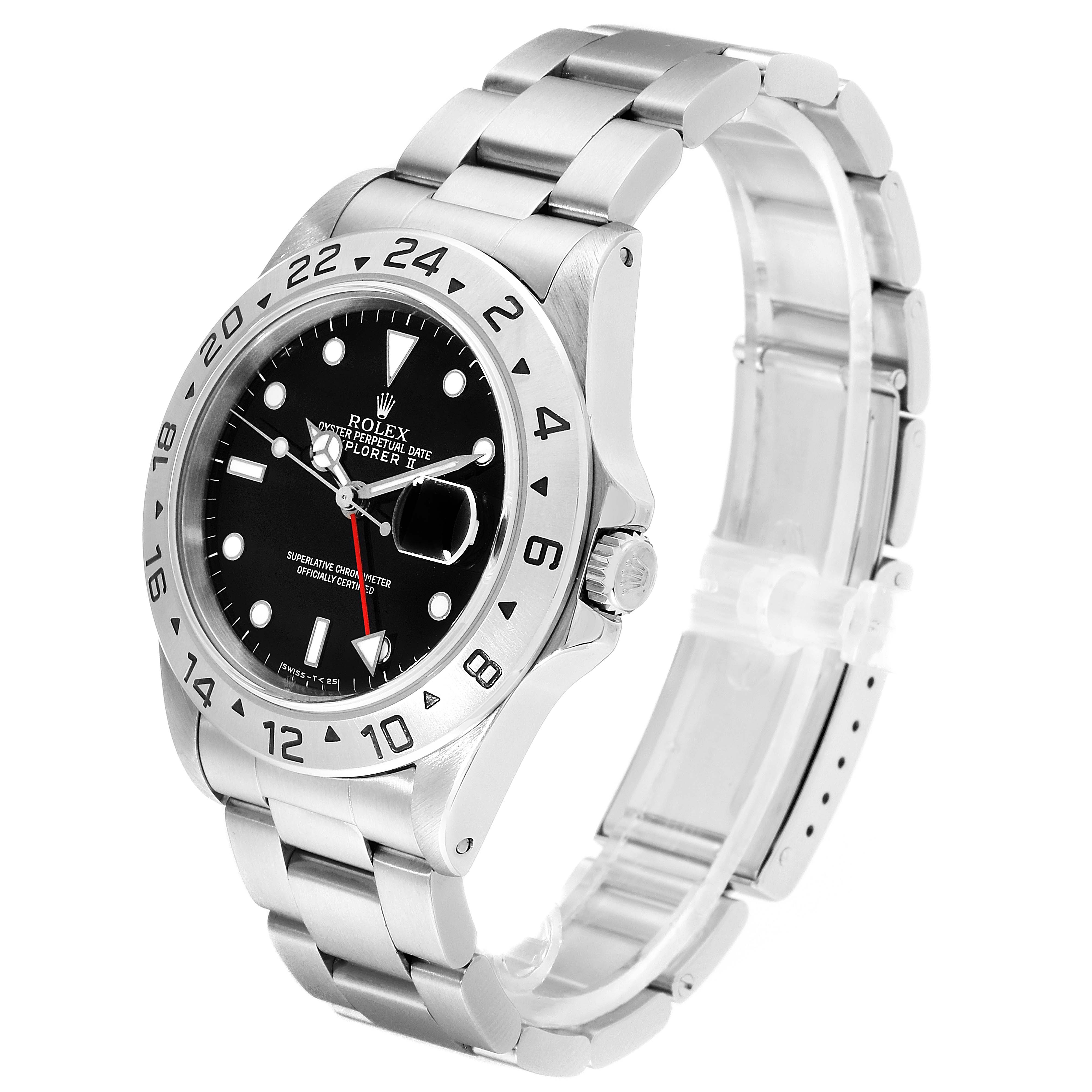 The image shows a side angle of the Rolex Explorer 16570 Men
s Stainless Steel Black Dial 16570 Men
s Stainless Steel Black Dial watch, highlighting the bezel, face, crown, bracelet, and clasp.