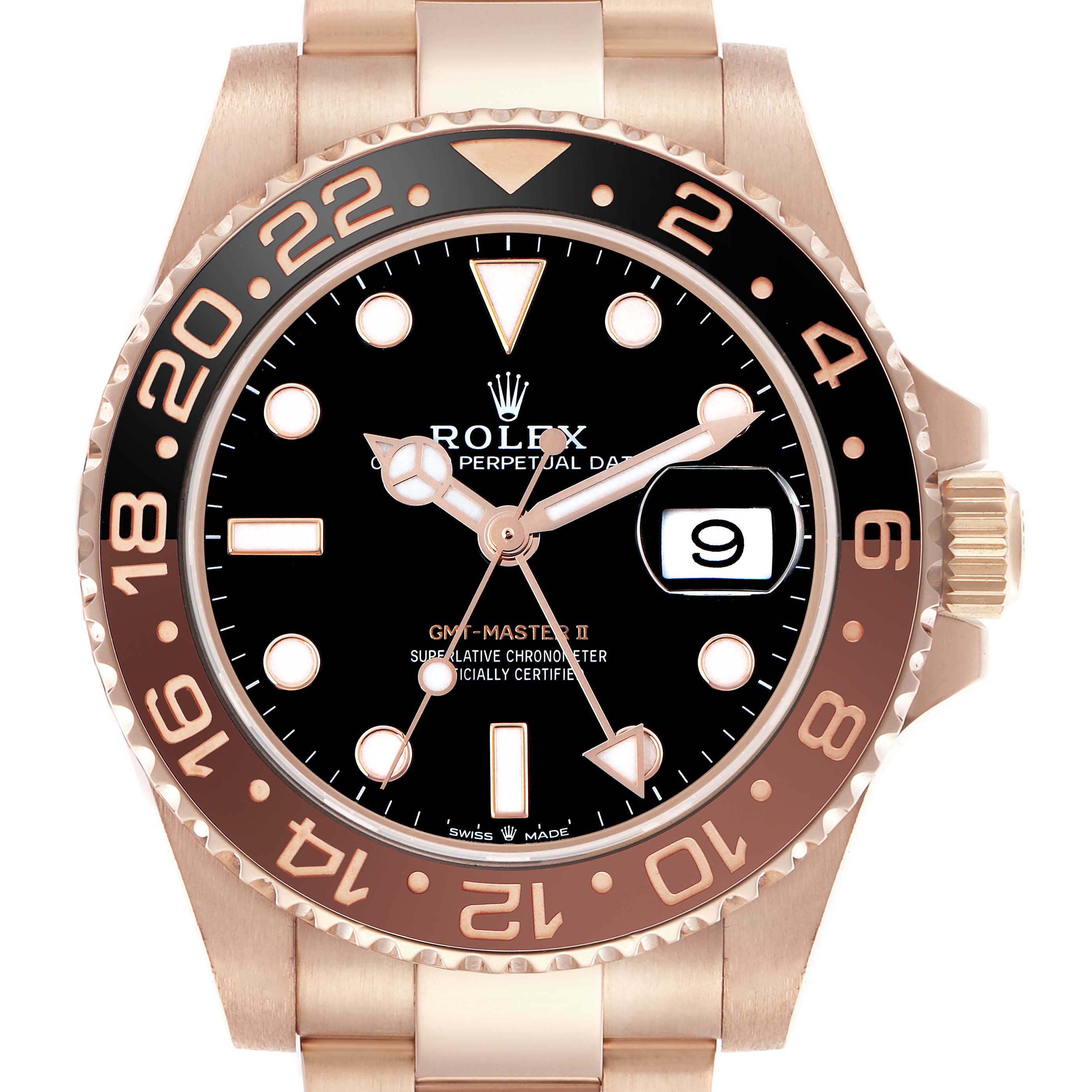 The Rolex GMT-Master 126715 Men
s Rose Gold Black Dial watch is shown from a front angle, highlighting the bezel, dial, and bracelet.