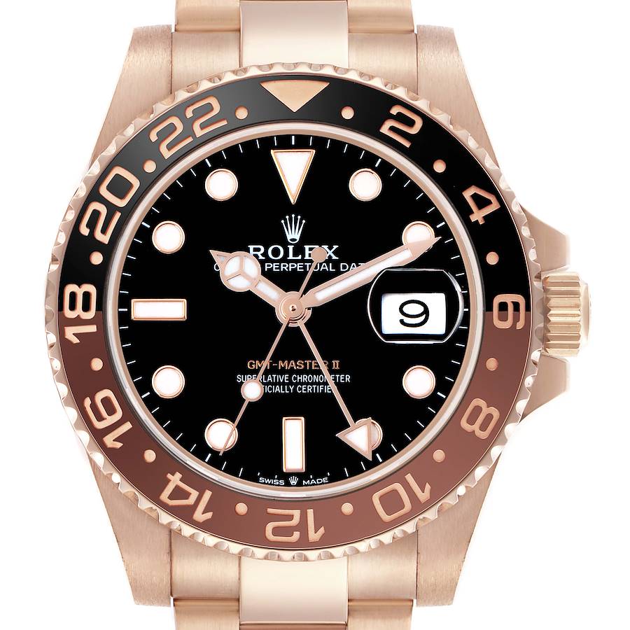 The Rolex GMT-Master 126715 Men's Rose Gold Black Dial watch is shown from a front angle, highlighting the bezel, dial, and bracelet.