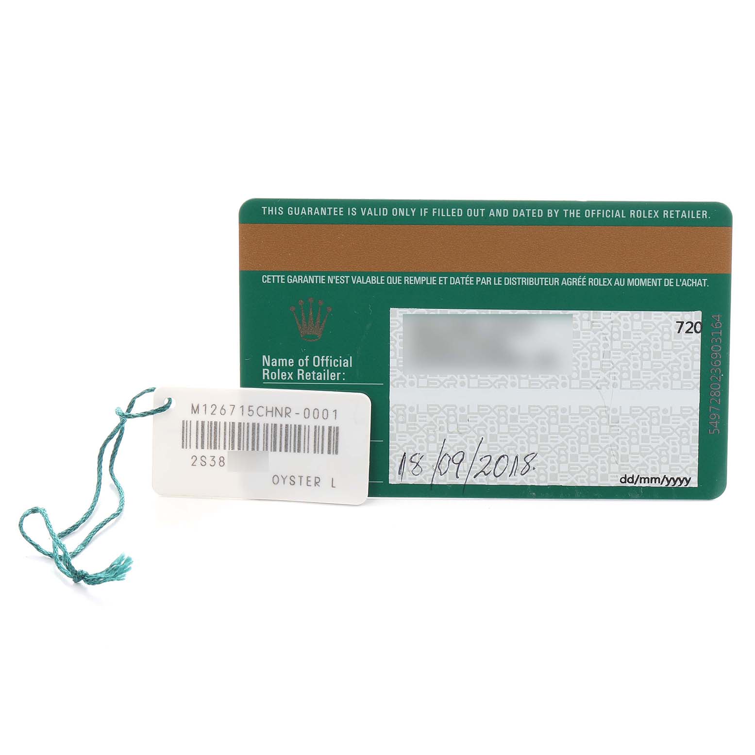 The image shows a warranty card and tag for the Rolex GMT-Master 126715 Men
s Rose Gold Black Dial model.