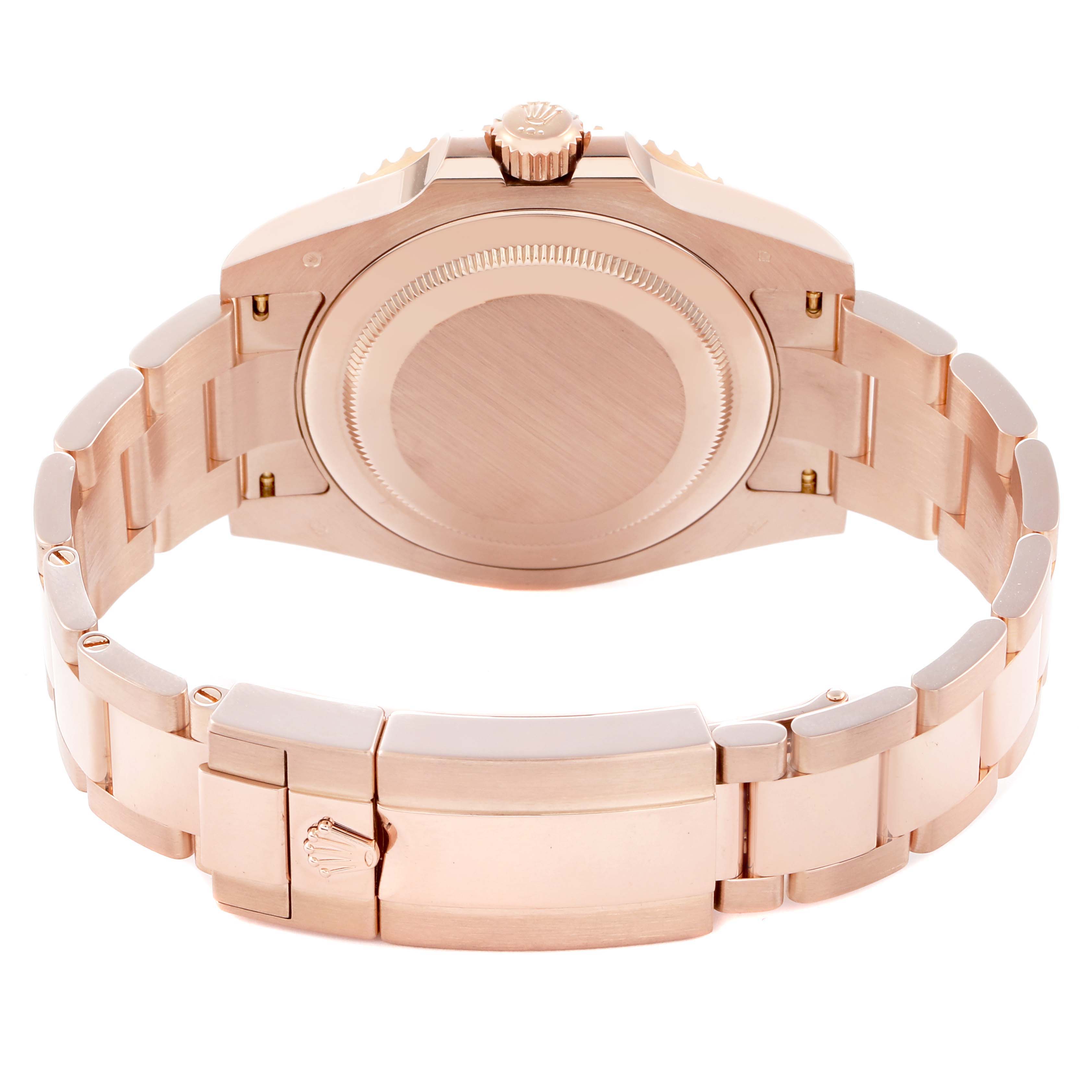 The image shows the back case and bracelet of a Rolex GMT-Master 126715 Men
s Rose Gold Black Dial, viewed from the rear.