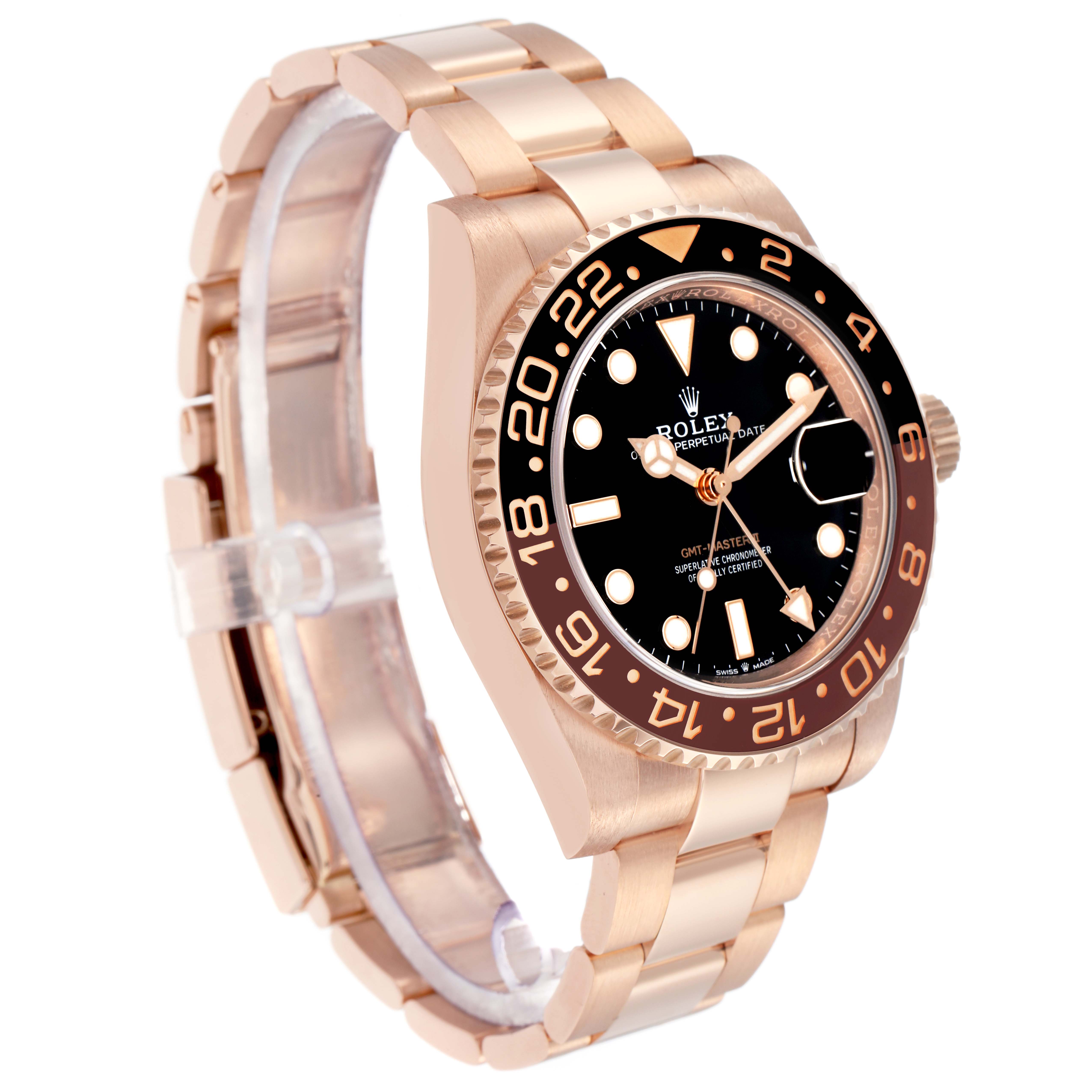 The Rolex GMT-Master 126715 Men
s Rose Gold Black Dial watch is shown at a three-quarter angle, highlighting the bezel, dial, and bracelet.