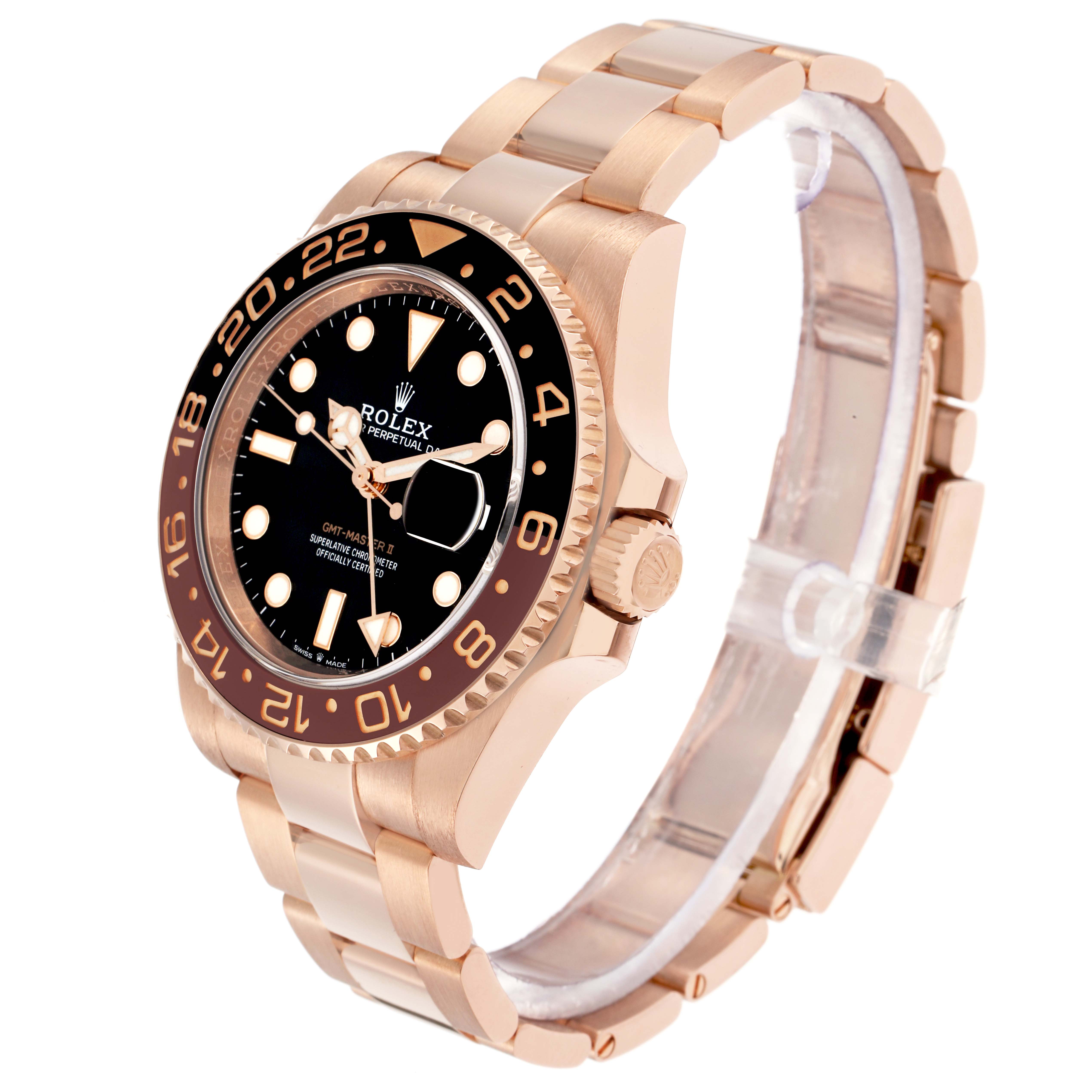 The Rolex GMT-Master 126715 Men
s Rose Gold Black Dial watch is shown at a three-quarter angle, displaying the face, bezel, case, and bracelet.