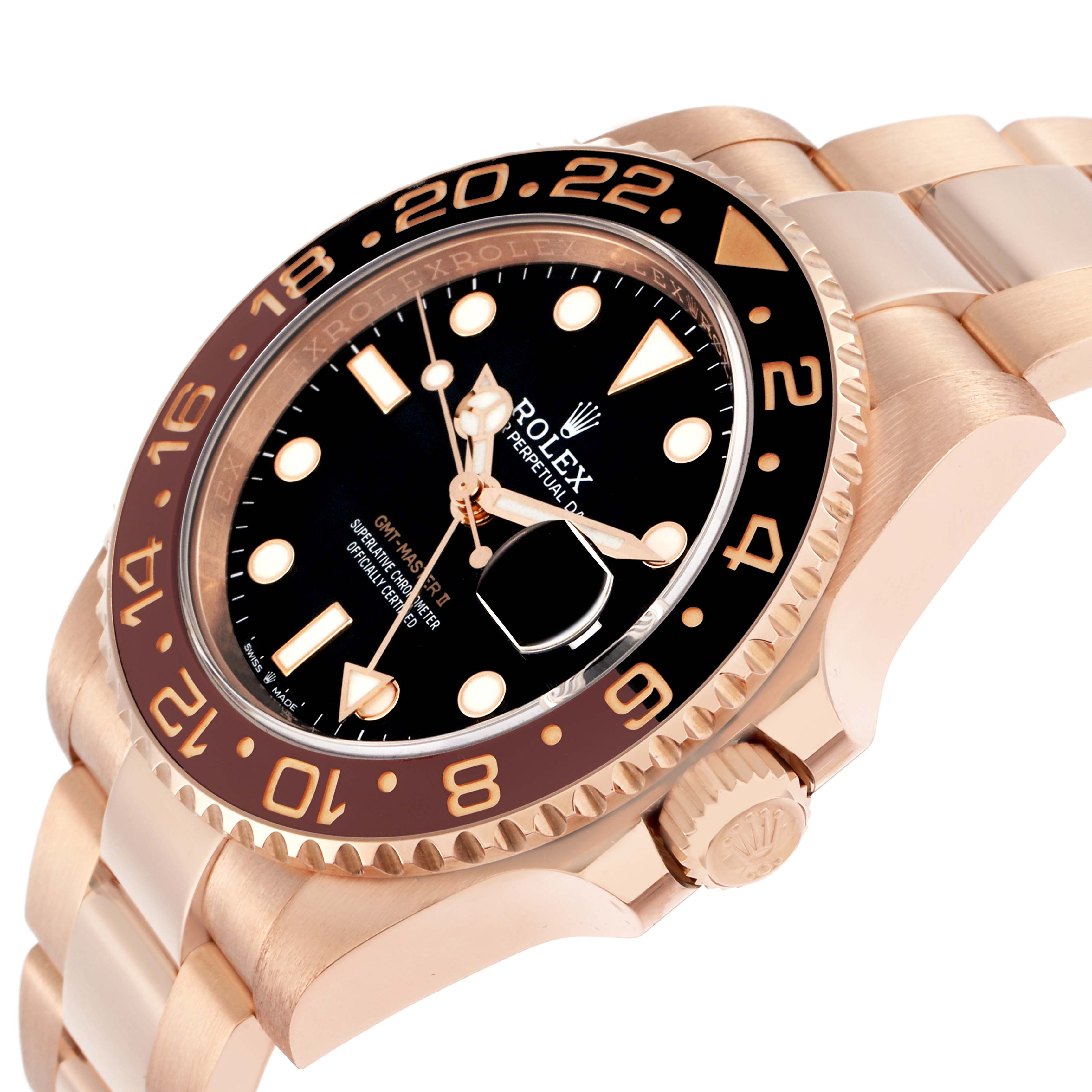 The Rolex GMT-Master 126715 Men
s Rose Gold Black Dial watch is shown at a slight angle, displaying the dial, bezel, case, crown, and bracelet.