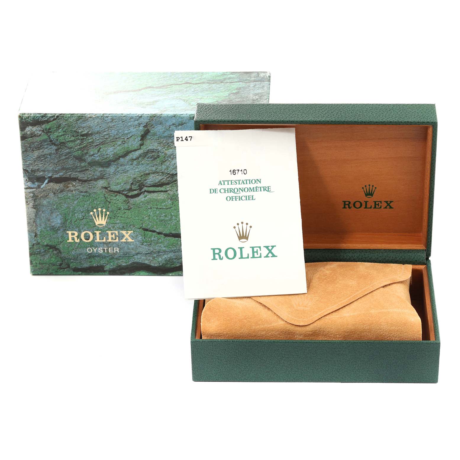 The image shows the box and papers for a Rolex GMT-Master 16710 Men's Stainless Steel Black Dial 16710 Men's Stainless Steel Black Dial watch with the watch inside a suede pouch, displayed from a top-down angle.