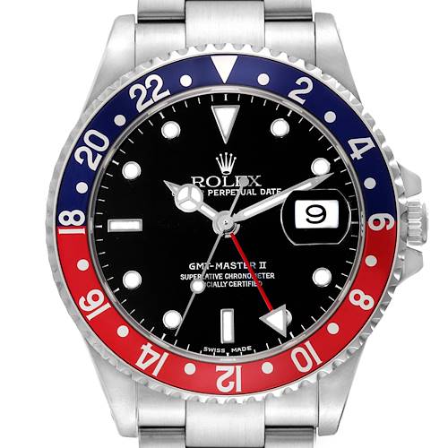 This image shows a front angle of a Rolex GMT-Master II watch, highlighting the dial, bezel, and part of the bracelet.