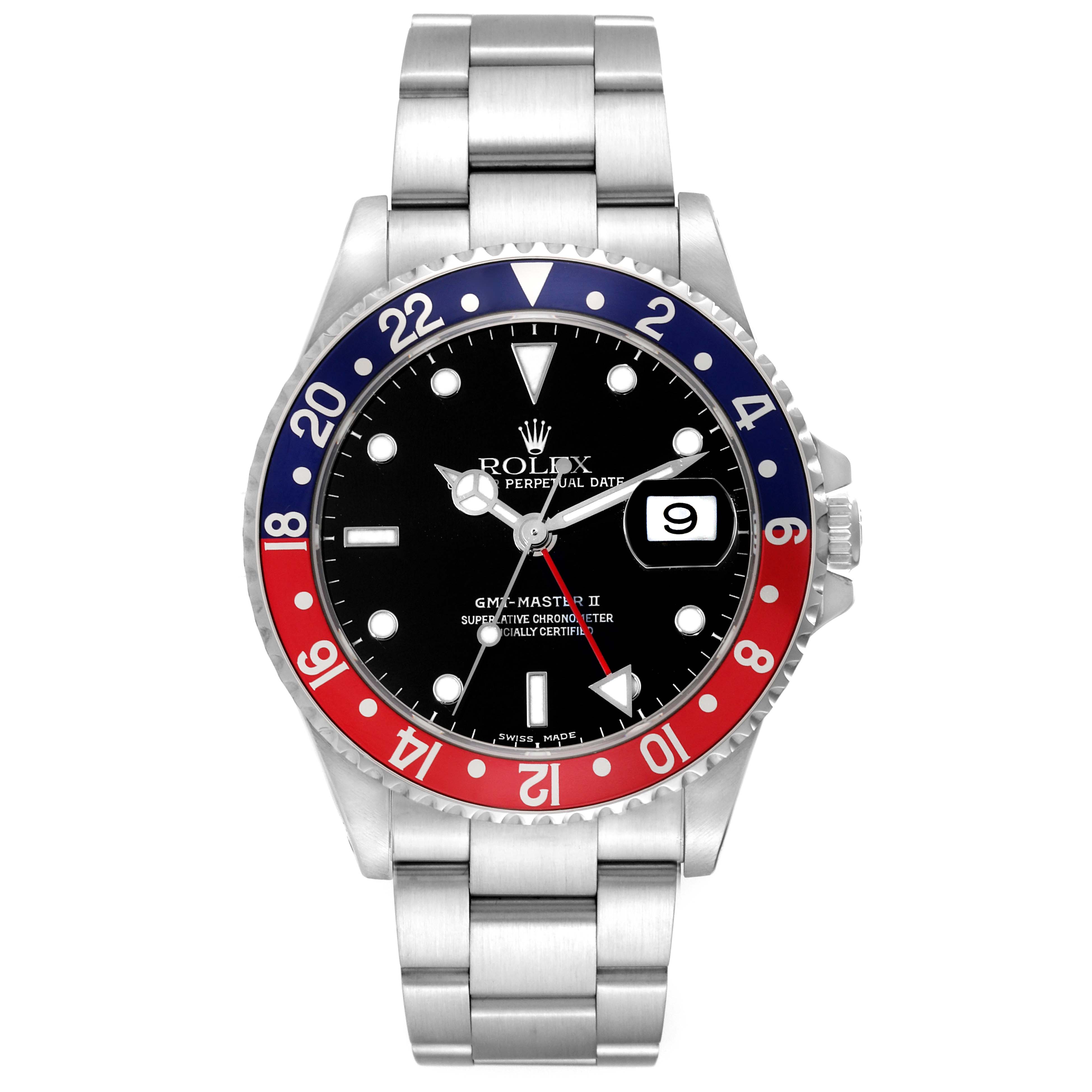The Rolex GMT-Master 16710 Men's Stainless Steel Black Dial 16710 Men's Stainless Steel Black Dial II watch is shown from the front angle, displaying its bezel, dial, hands, date window, and bracelet.